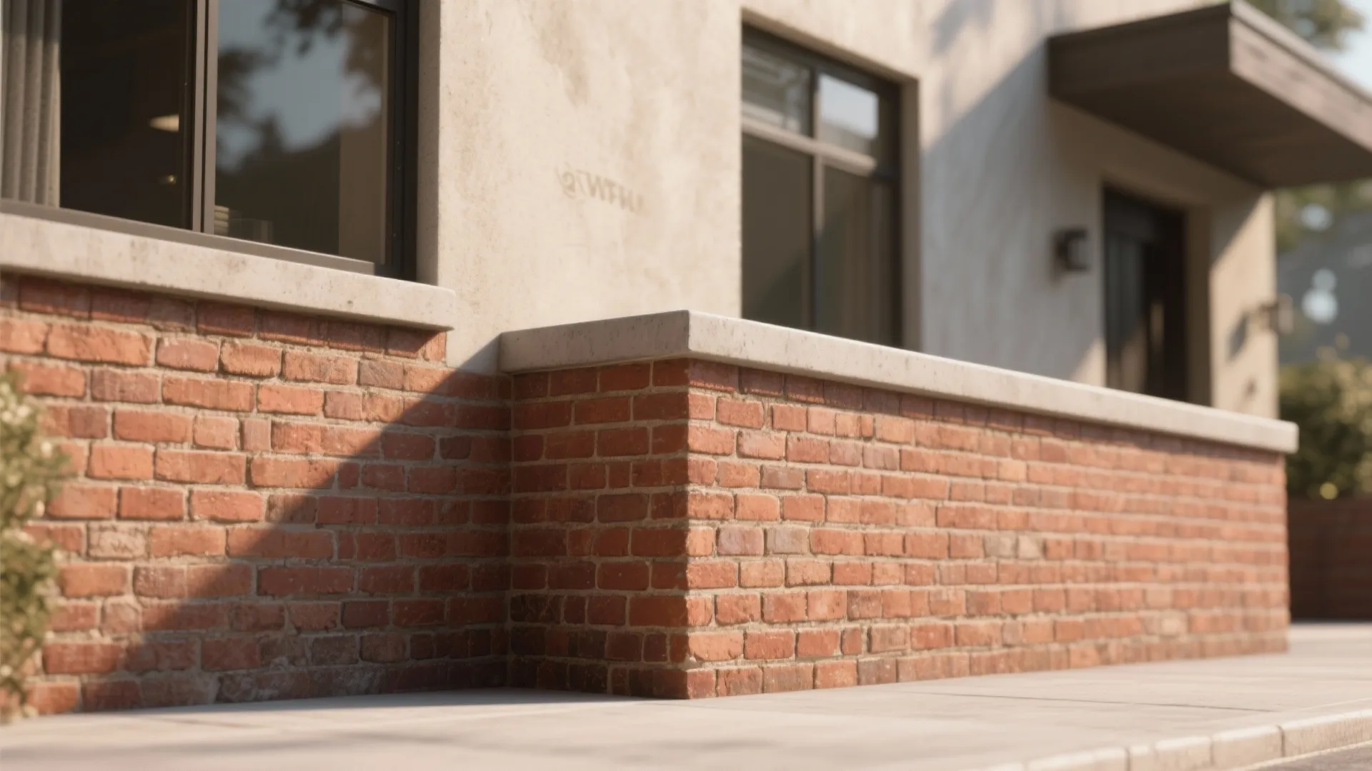 Exterior red brick low wall with concrete top next to a house with black windows