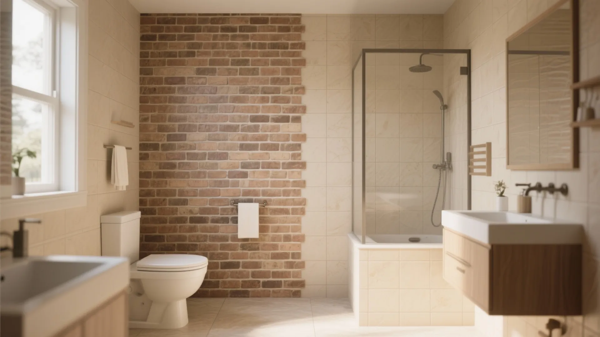 Bathroom design with brown brick accent wall white toilet wooden cabinet and glass shower box