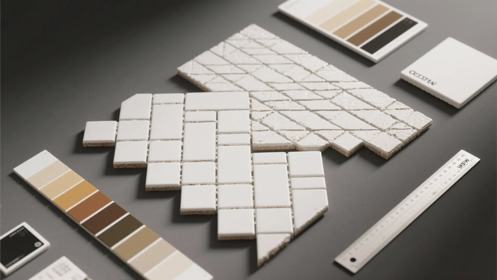 White wall tiles with different patterns and color samples placed on a grey work surface