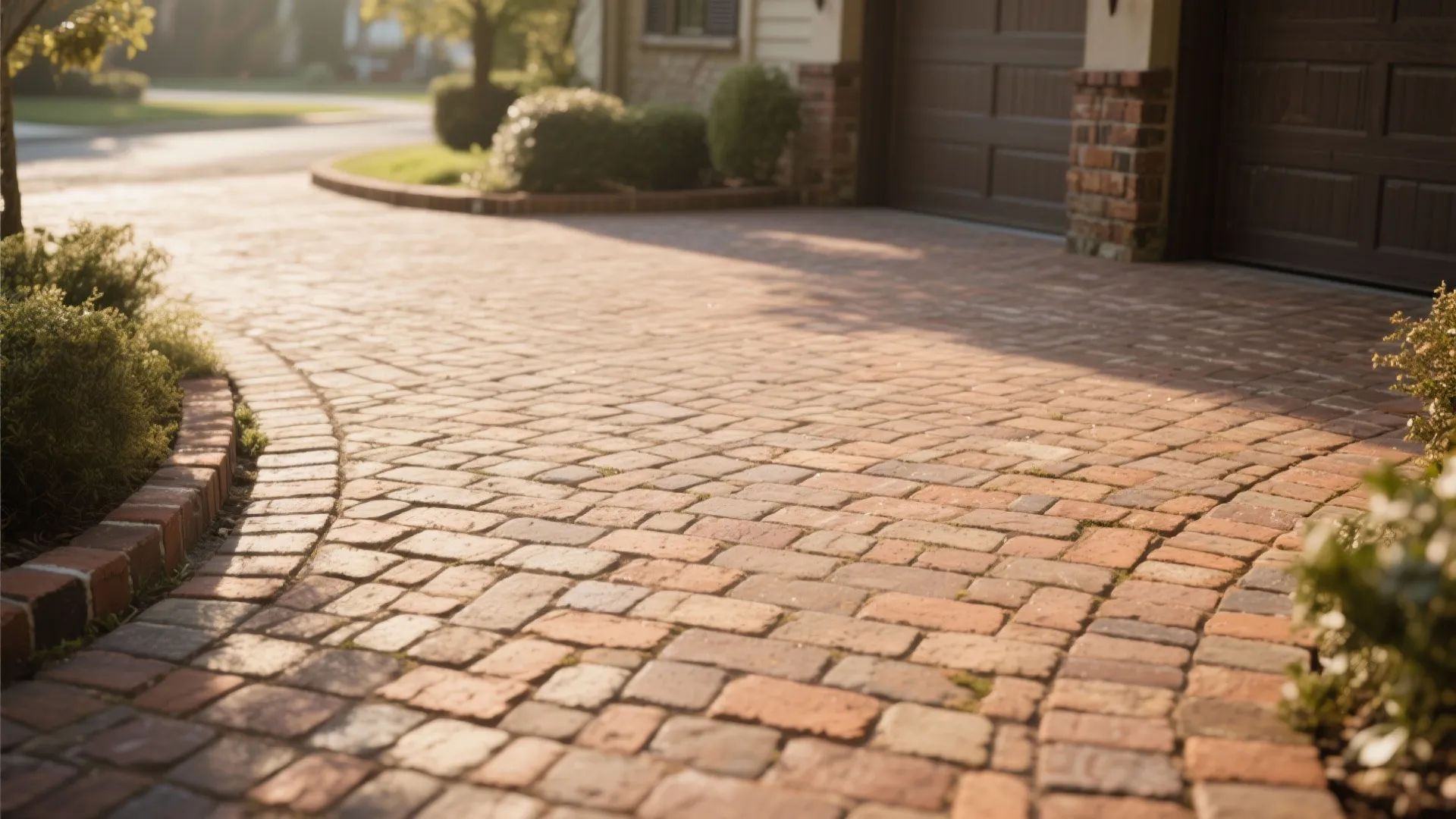 Red brick paver driveway leading to a brown garage door with green bushes and sunlight