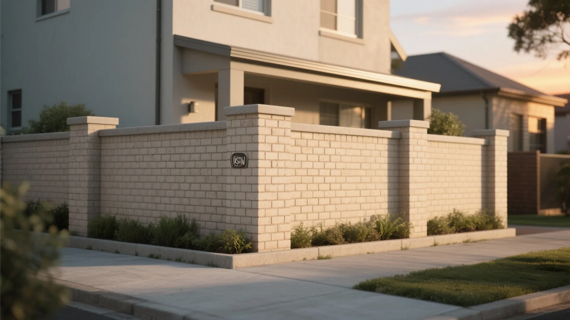 Brick boundary wall with rhythmic pilasters and capped coping