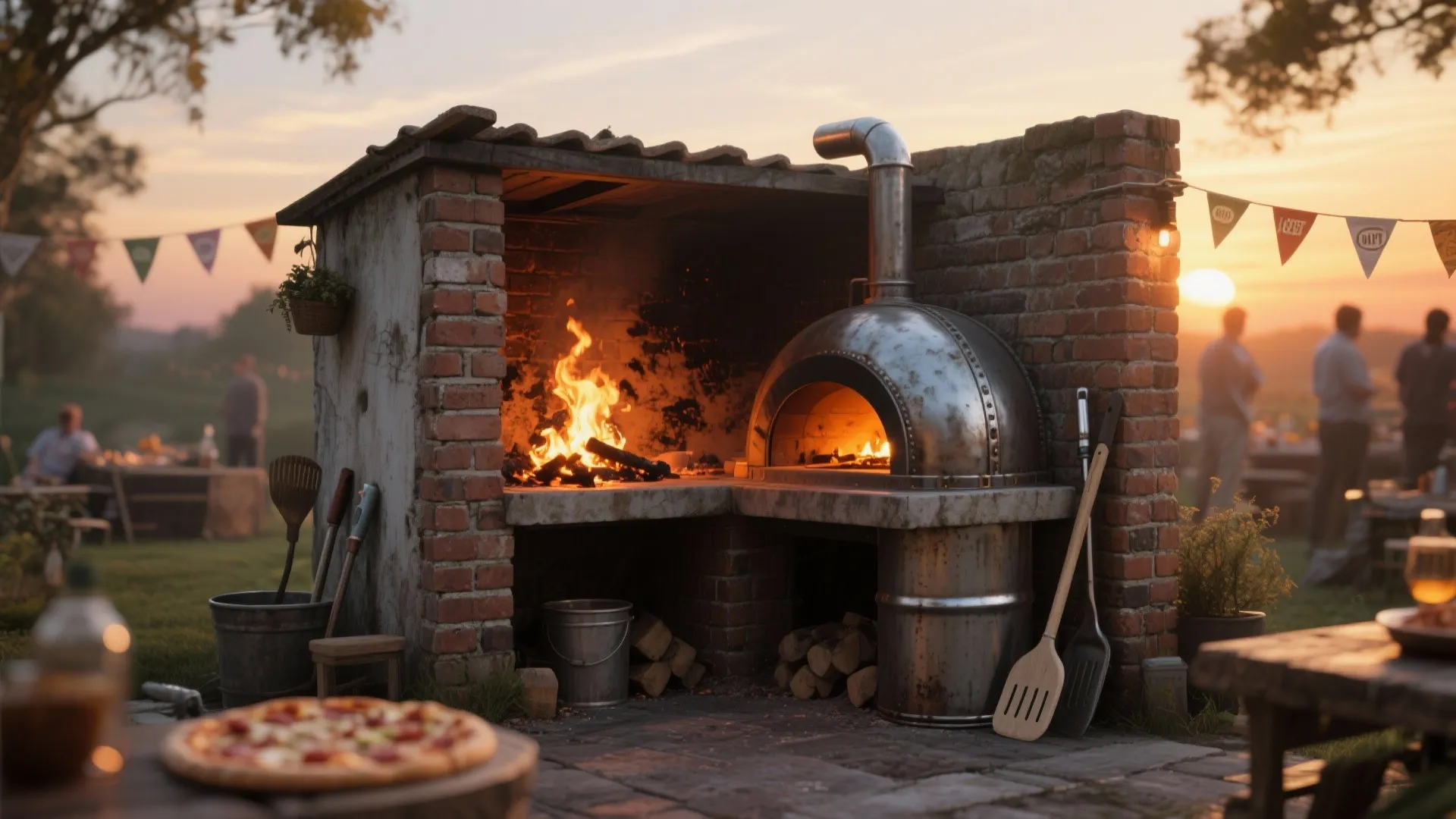 Rustic outdoor brick oven with a burning fire inside next to a metal pizza dome