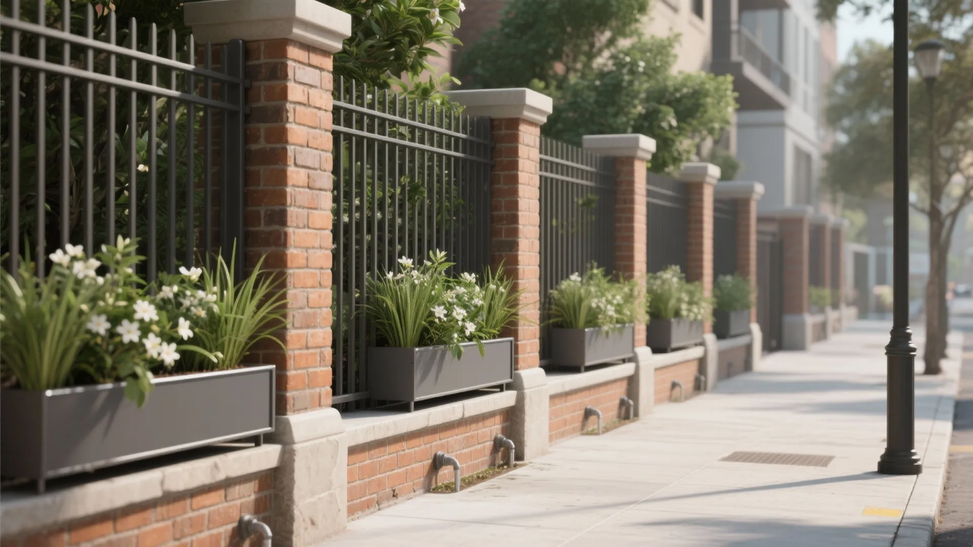 4) Brick piers + planter-pocket grill