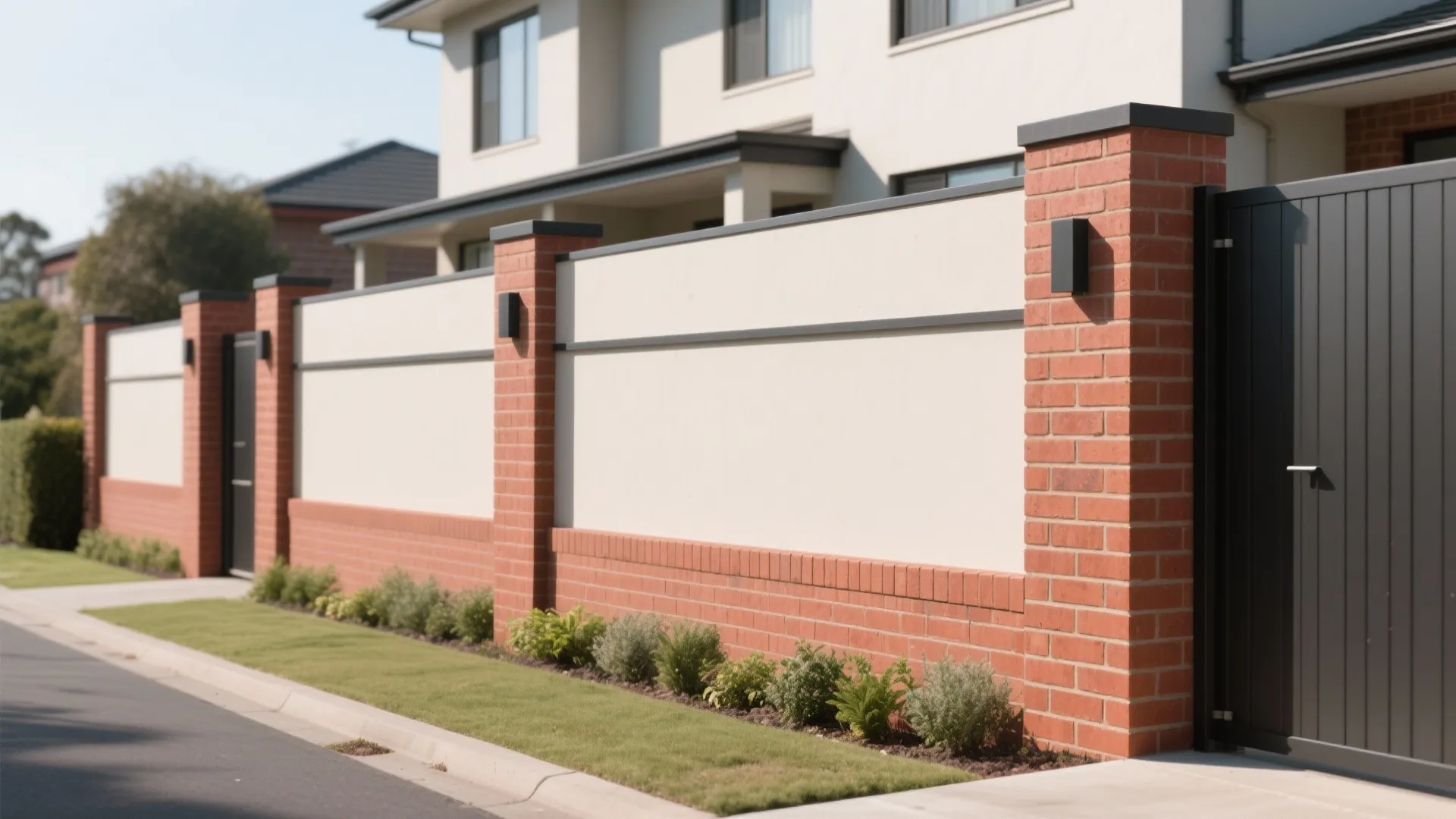 White wall fence with red brick pillars and black wall lights near black metal gate