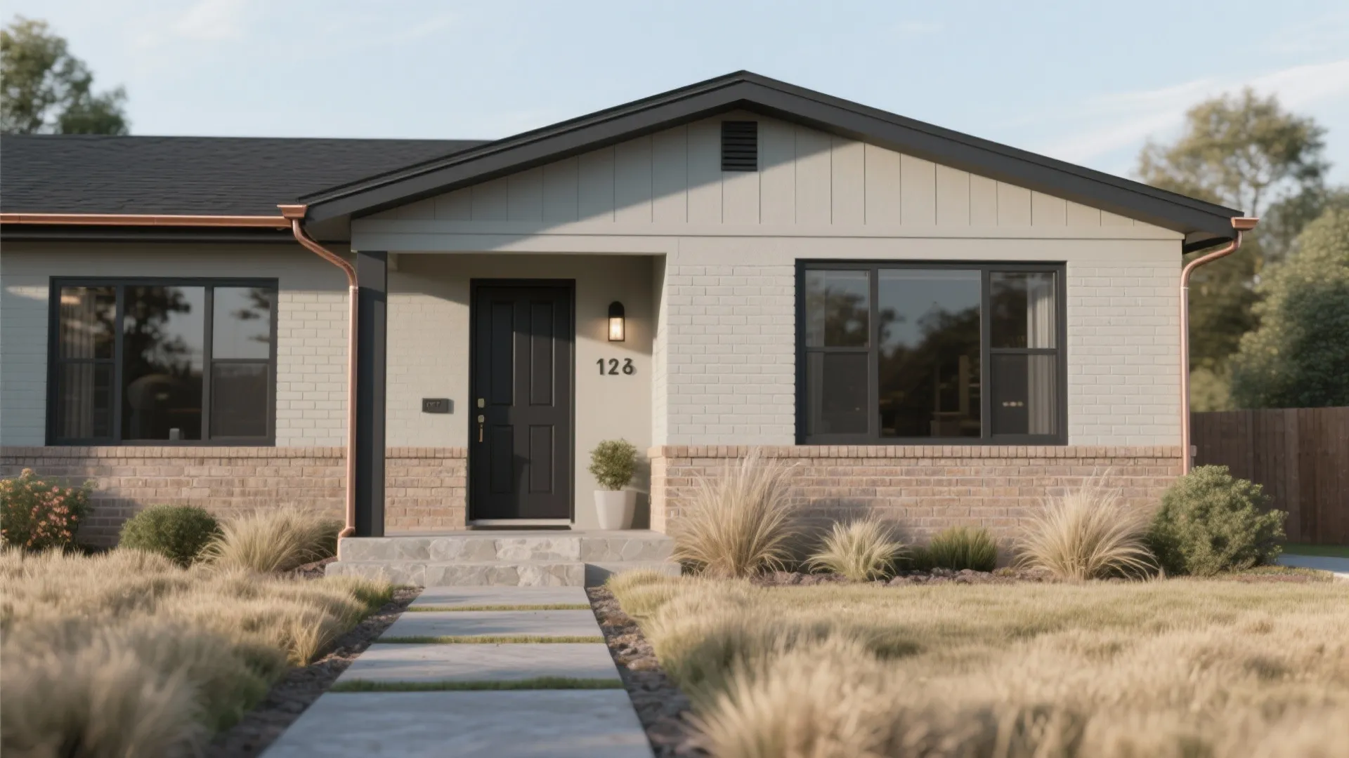 Modern ranch house exterior with white brick walls black front door and black frame large windows