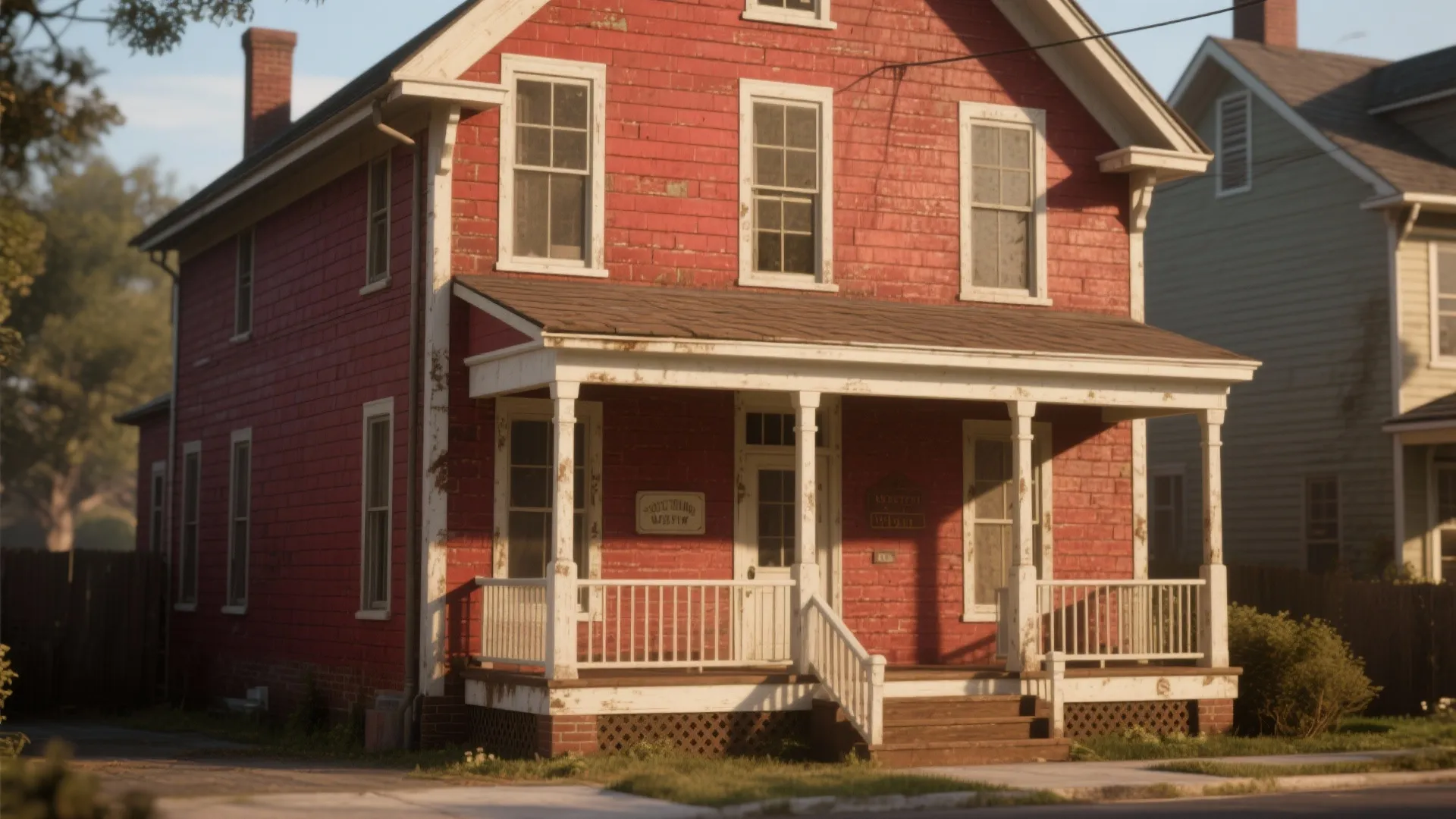 Two story red brick house with a white front porch wooden steps and large windows