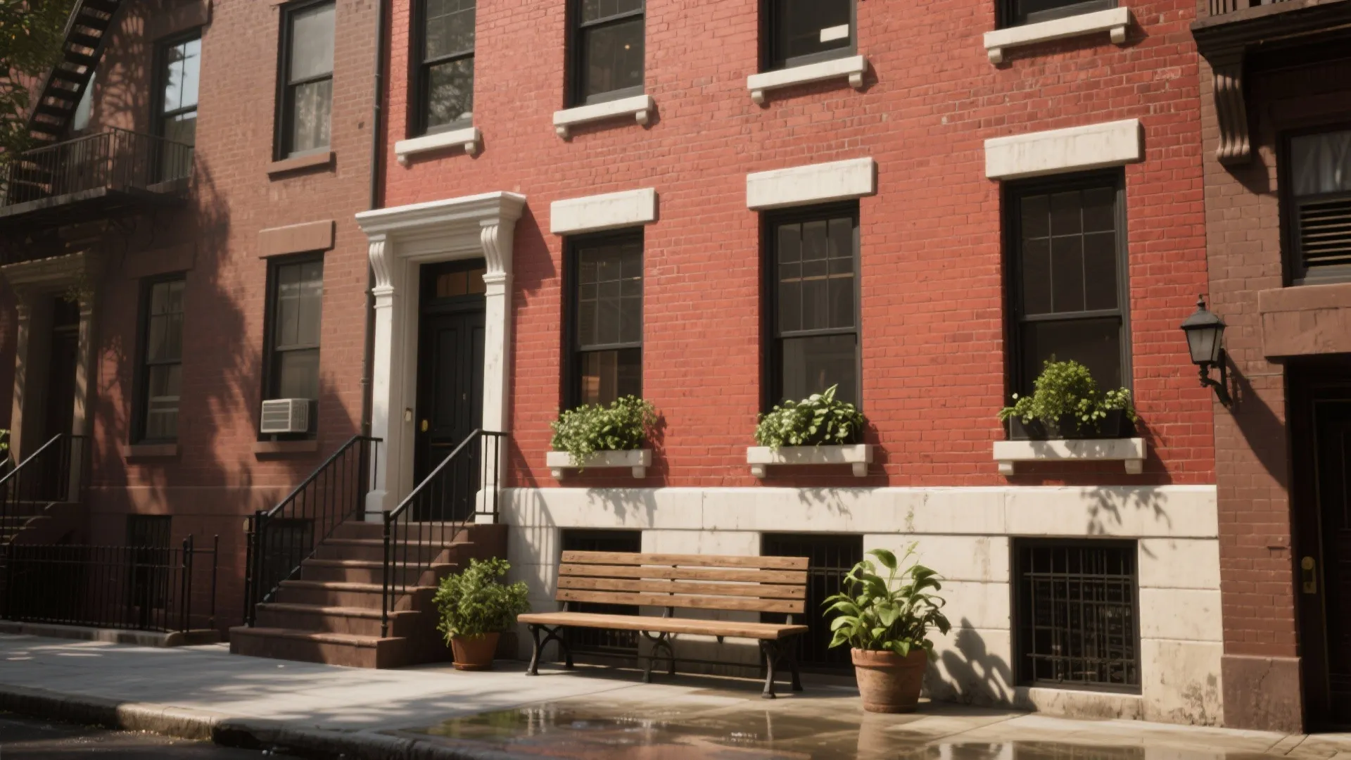 Classic red brick rowhouse exterior with black door wooden bench green potted plants and windows