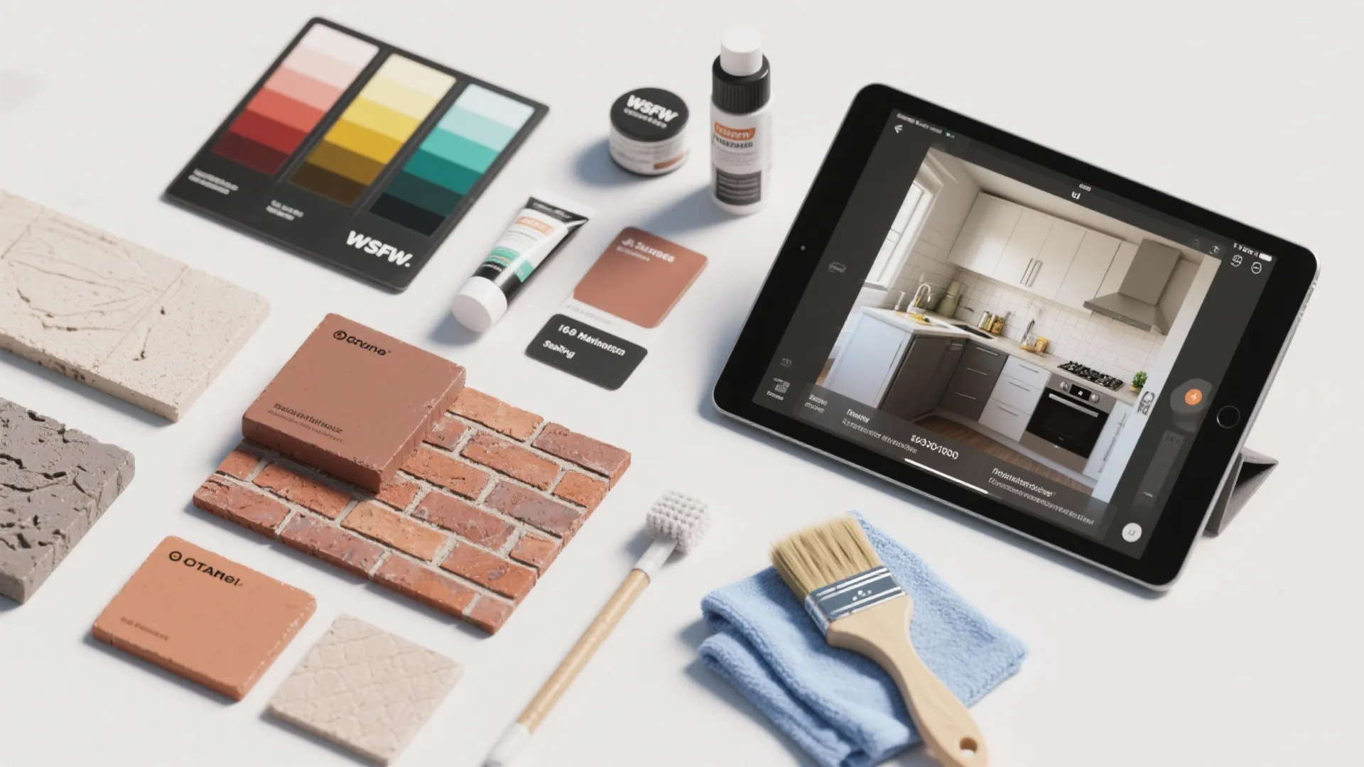 Tablet showing kitchen design surrounded by brick samples paint brushes and various colorful material swatches