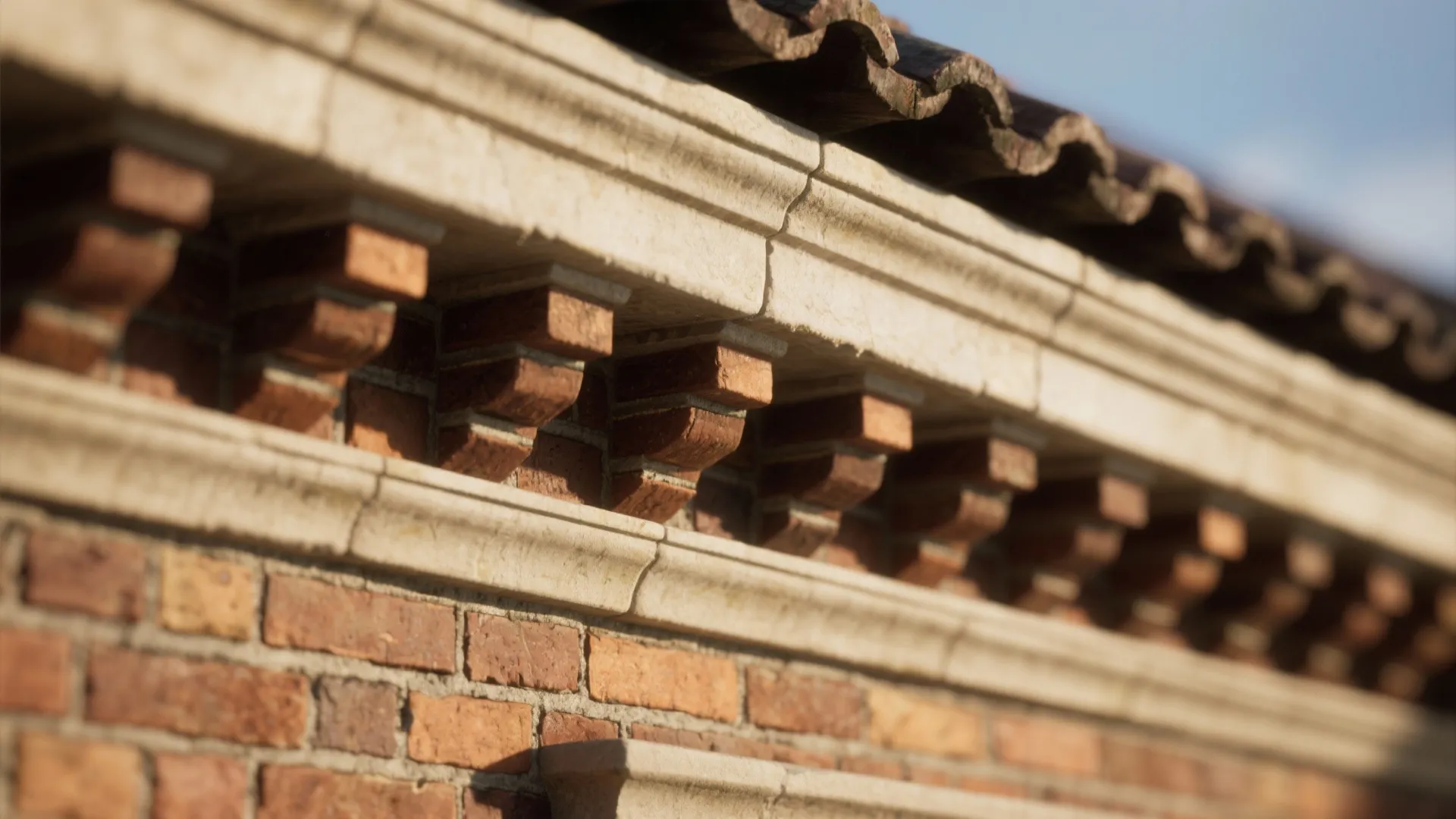 Red brick wall with decorative stone trim and wavy brown roof tiles under bright natural sunlight