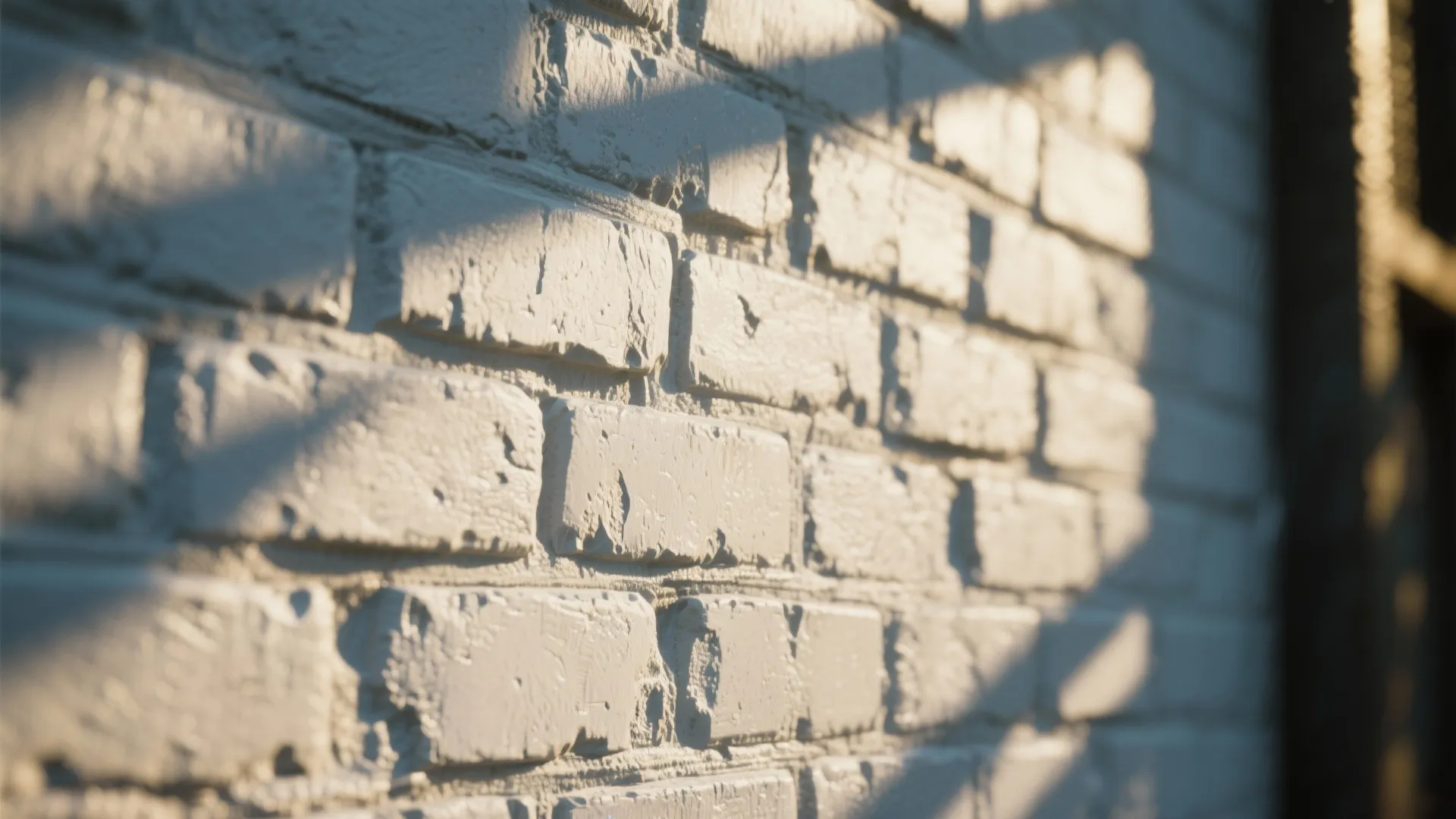 Close-up of white painted brick with directional light casting deep shadows and showing textured relief.