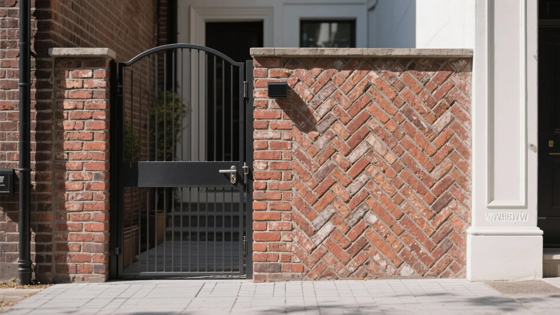 Textured Stone or Brick Wall with a Sculptural Steel Gate