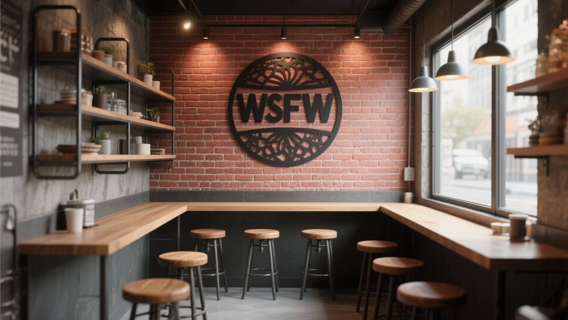 Industrial cafe interior with red brick wall black metal logo wooden counters and tall stools