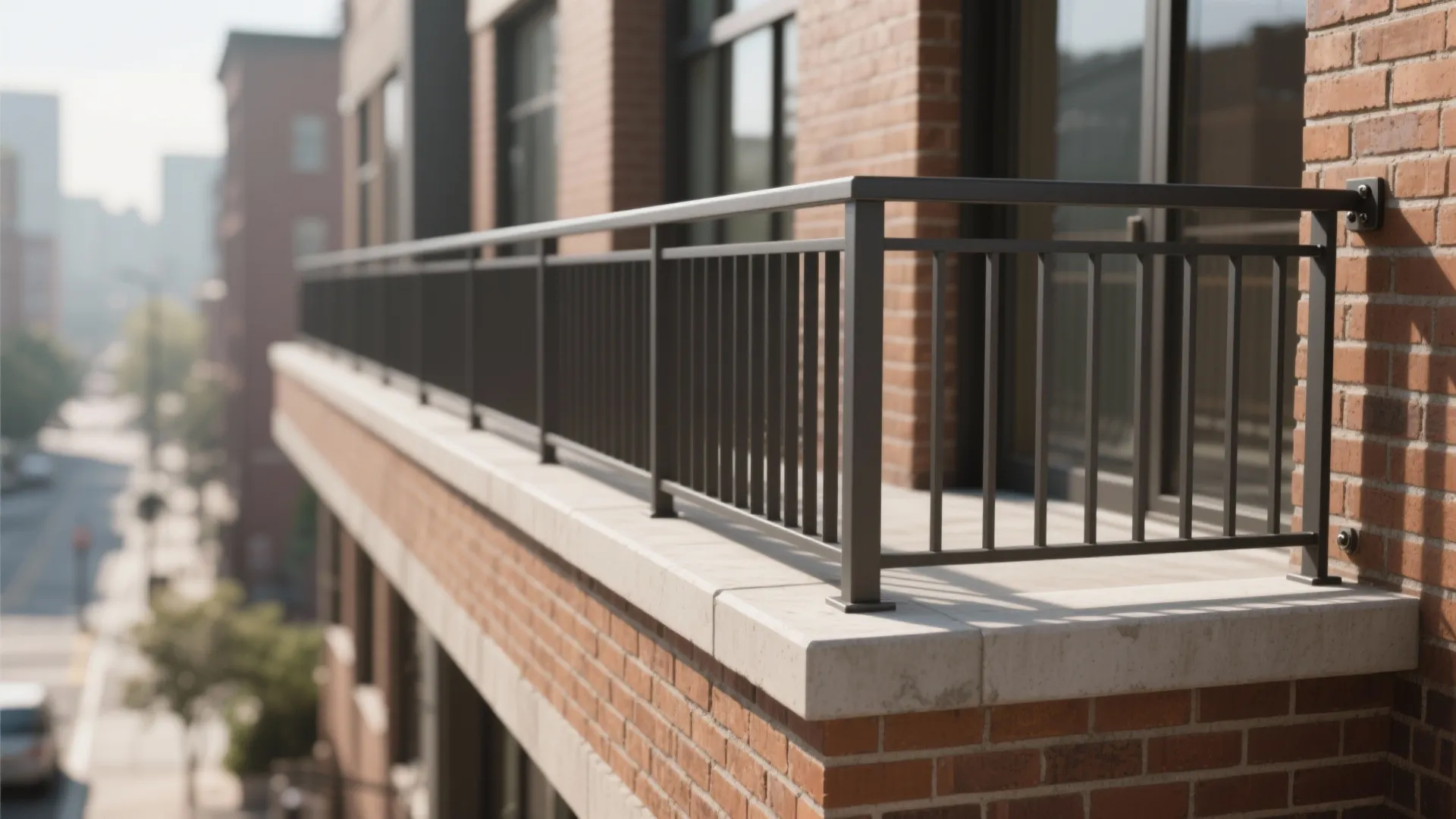 Modern apartment balcony with black metal safety railing attached to red brick walls and floors