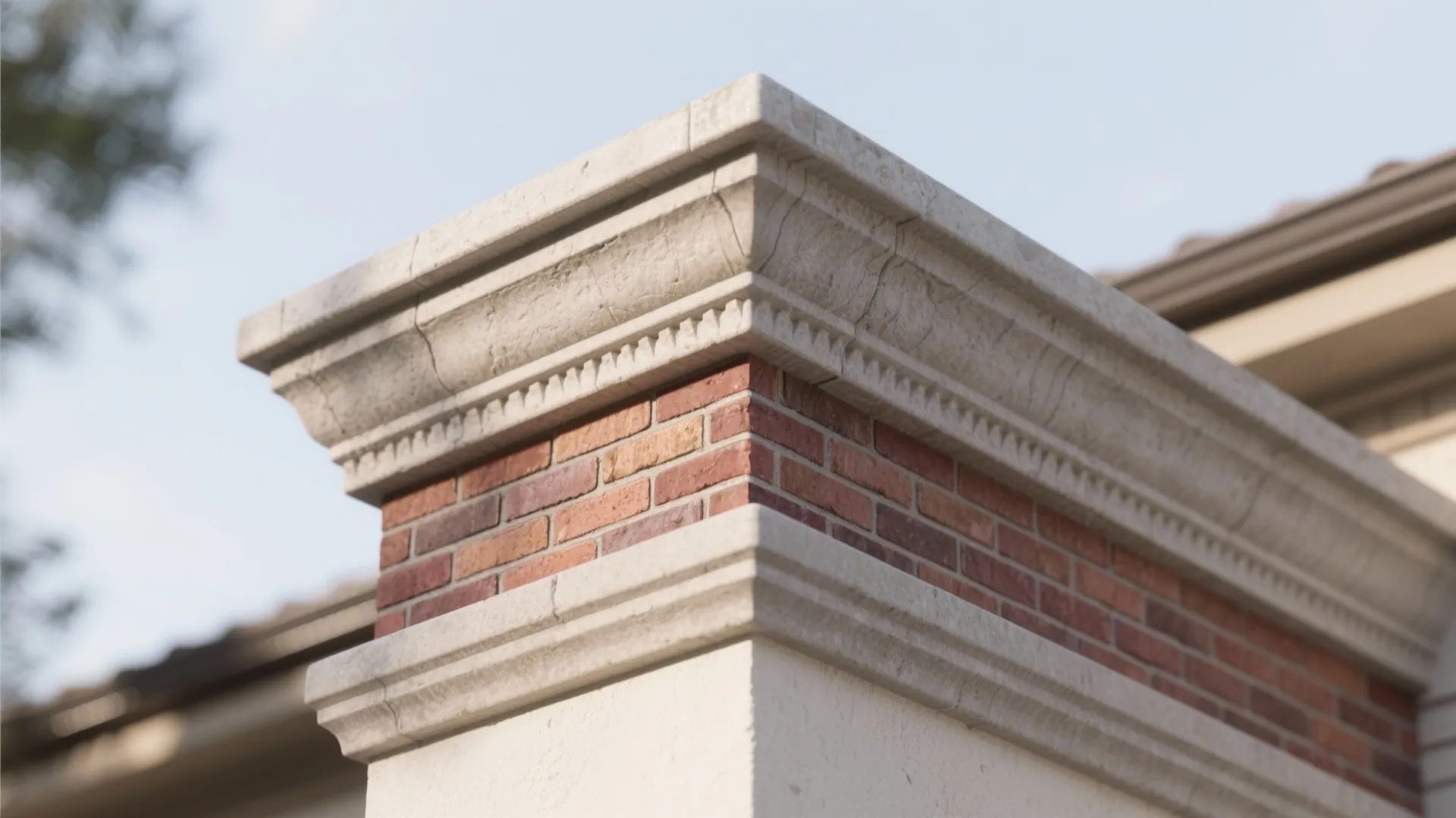 Close up of a wall corner featuring red brick details and a white stone top