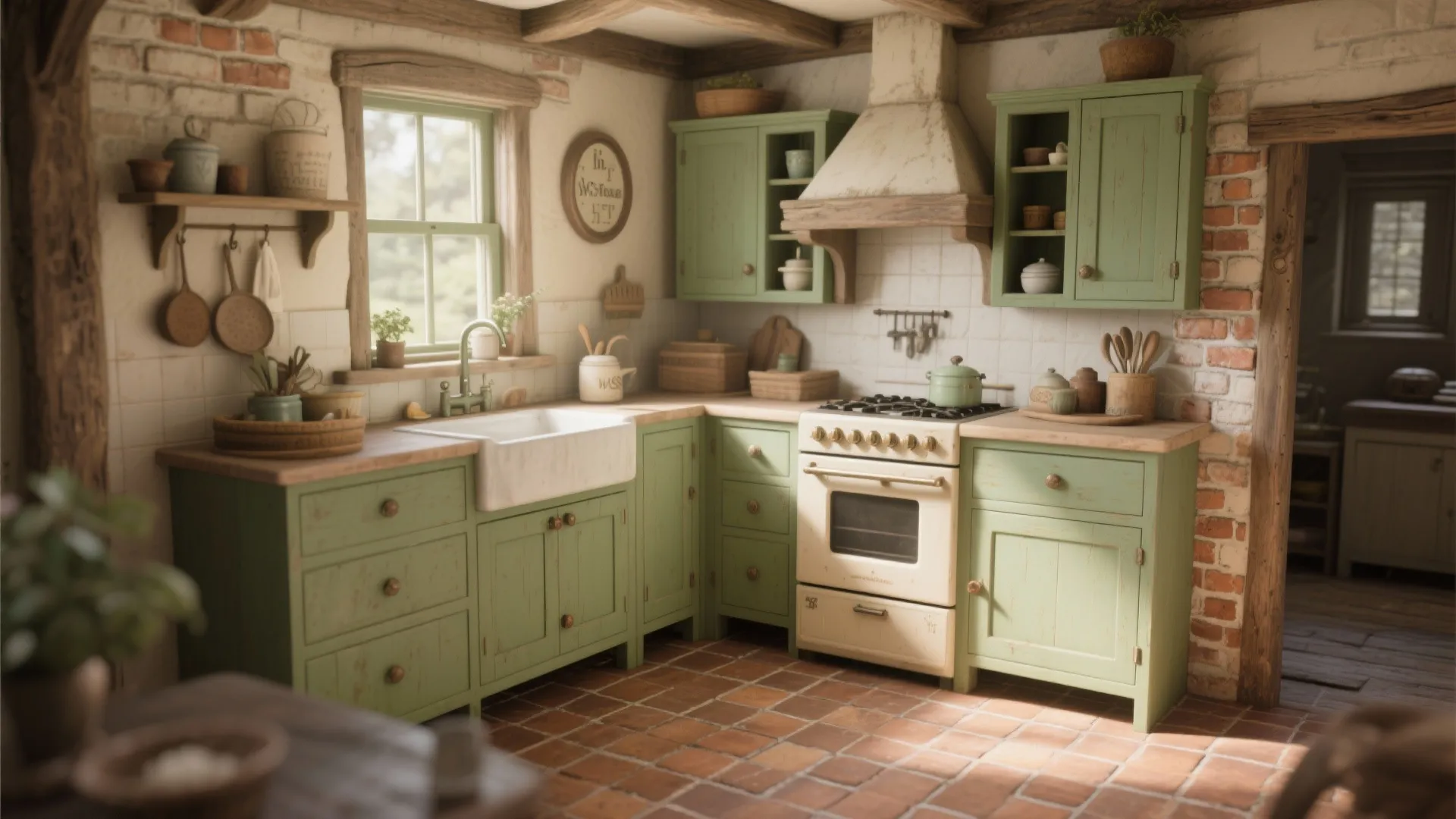 Rustic country kitchen featuring green cabinets with brick walls and warm brown square floor tile design