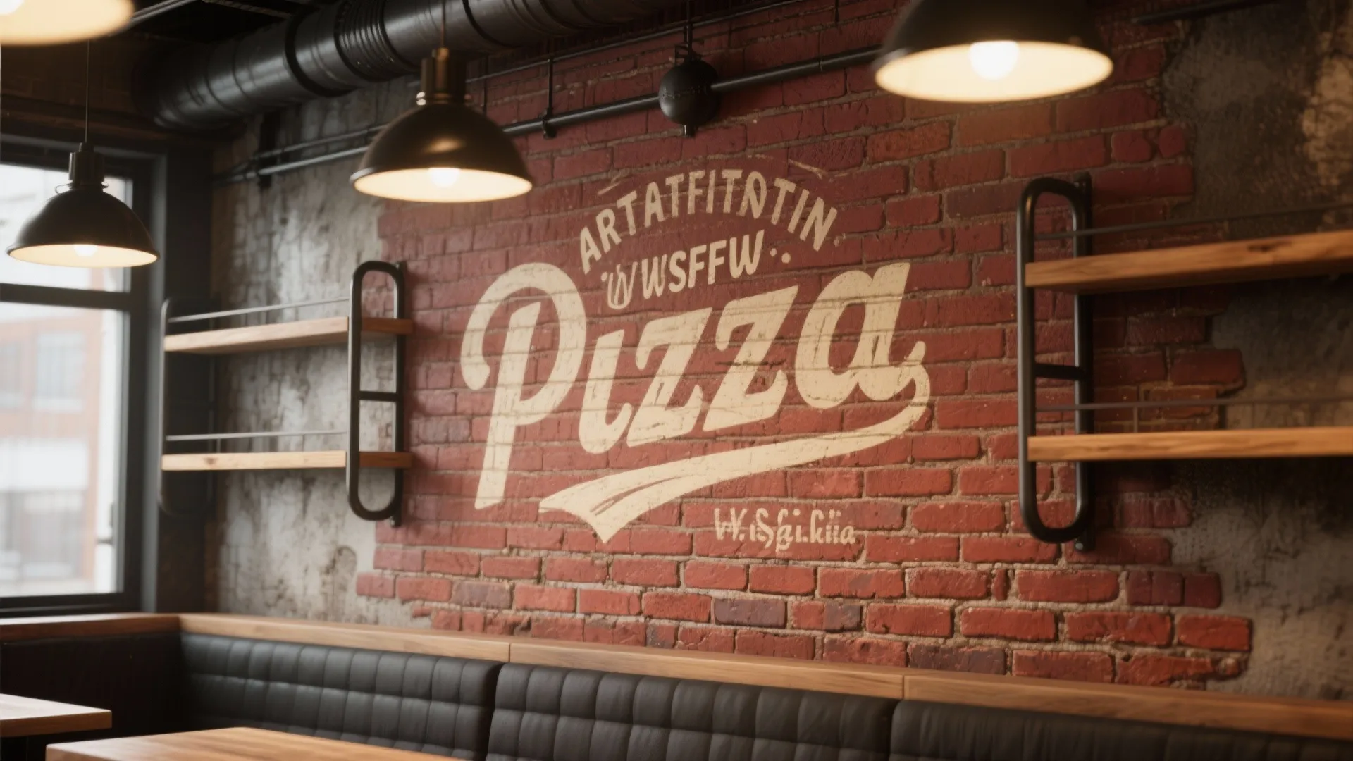 Industrial brick feature wall with hand-painted cream typography in a cozy pizzeria.
