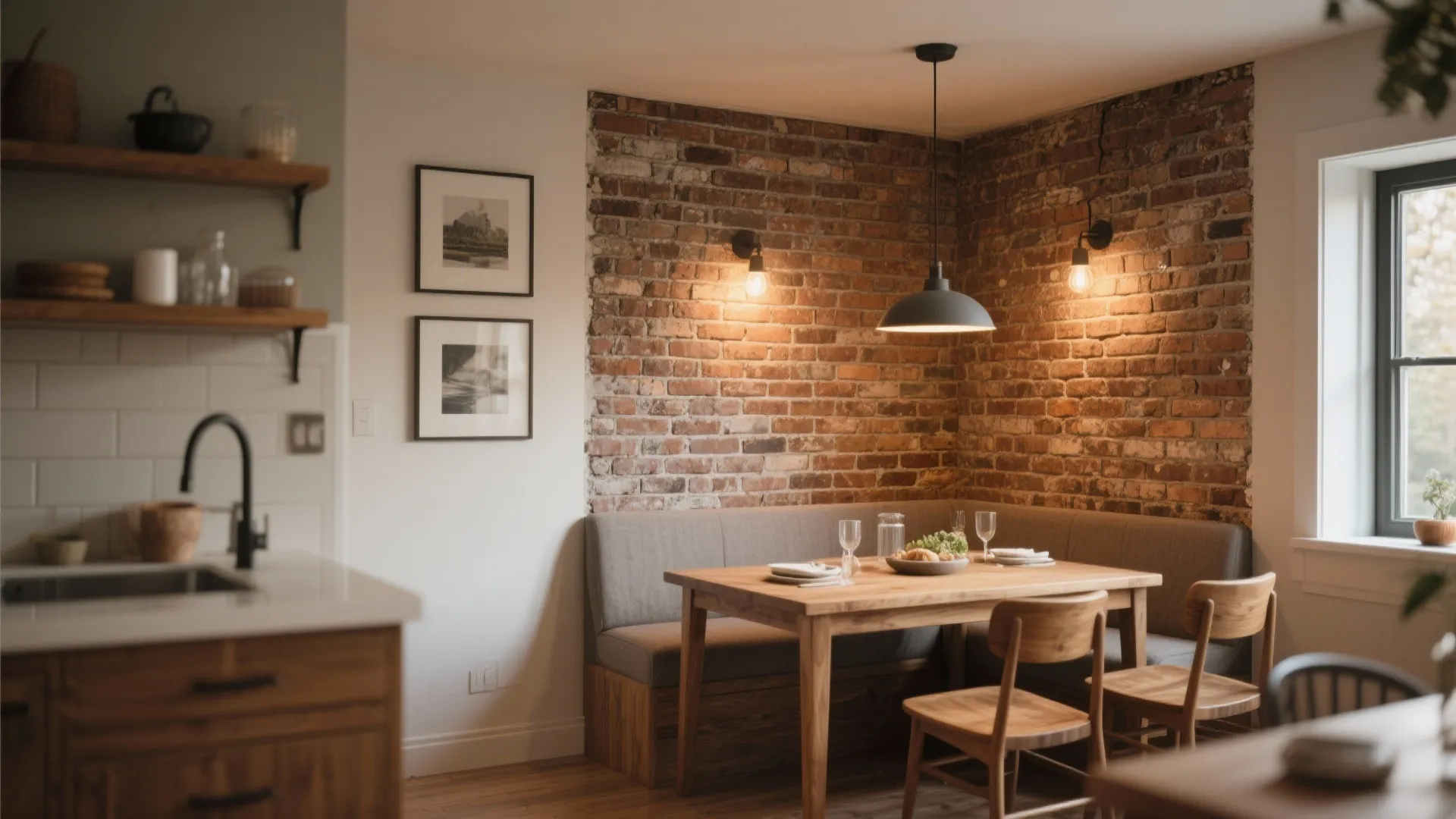 Slim reclaimed brick veneer accent wall in a dining nook