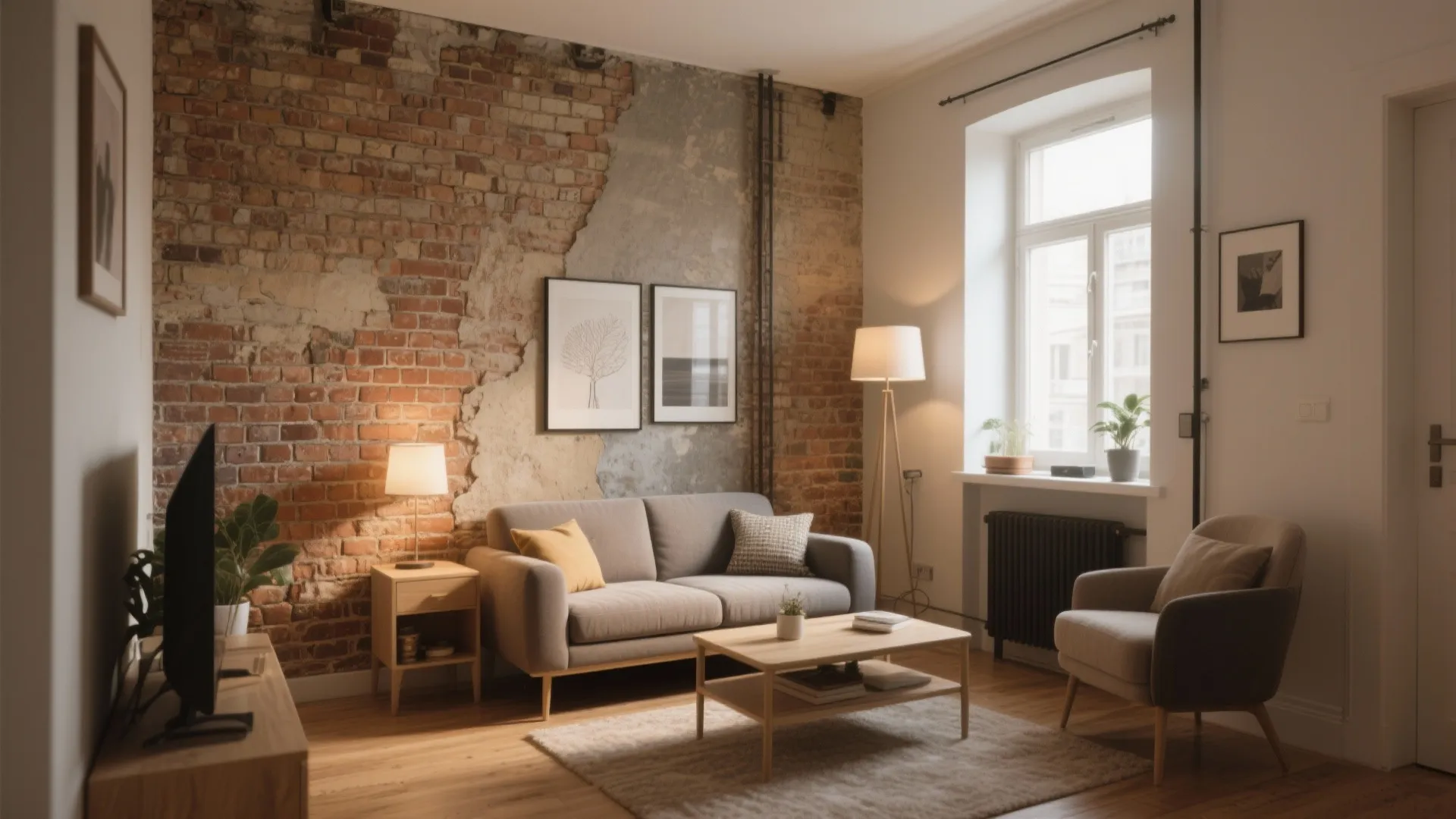 Cozy living room with exposed brick wall grey sofa wooden coffee table and warm floor lamp