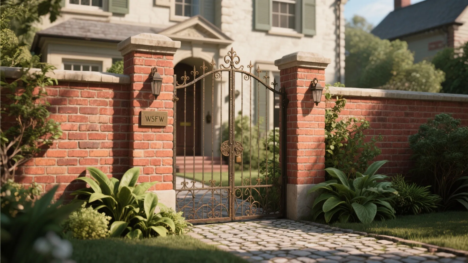 Brick boundary wall with arched iron gate