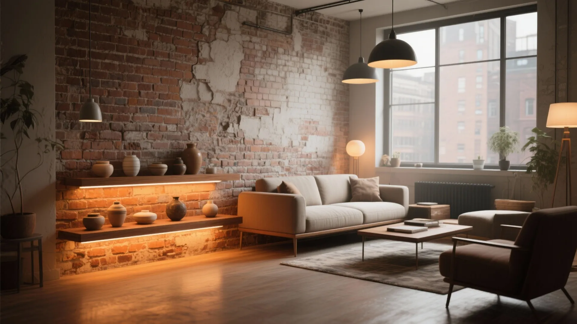 Industrial living room with brick wall panel, beige sofa, wooden floor, and multiple warm lights