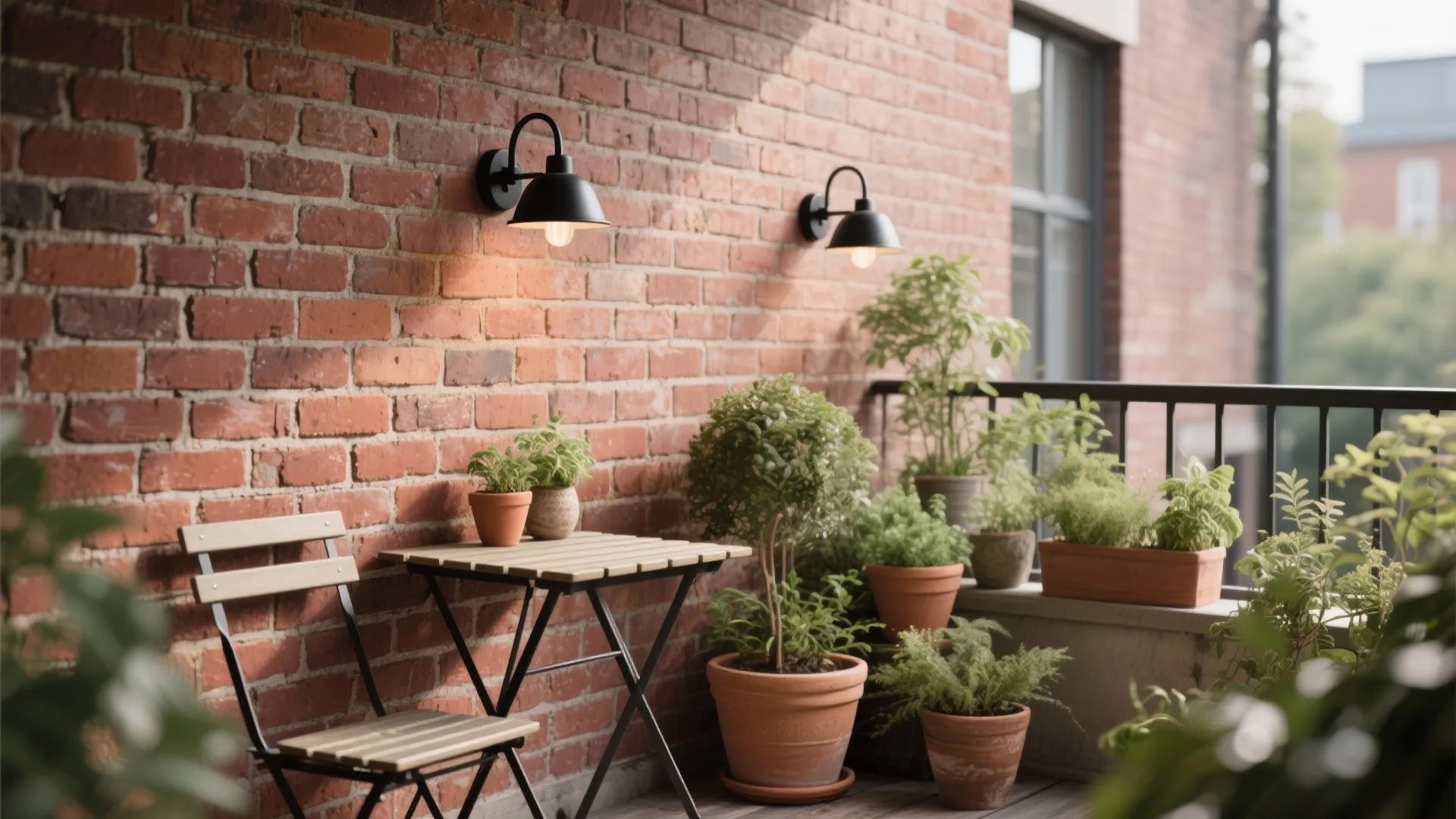 Red brick wall balcony with black wall lights wooden table chair and several green plants