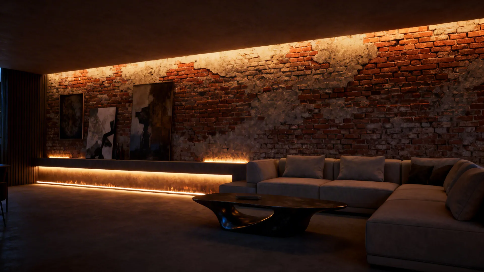 Modern furnishings contrasted with rustic brick wall lit by warm uplights and under-mantel LEDs.