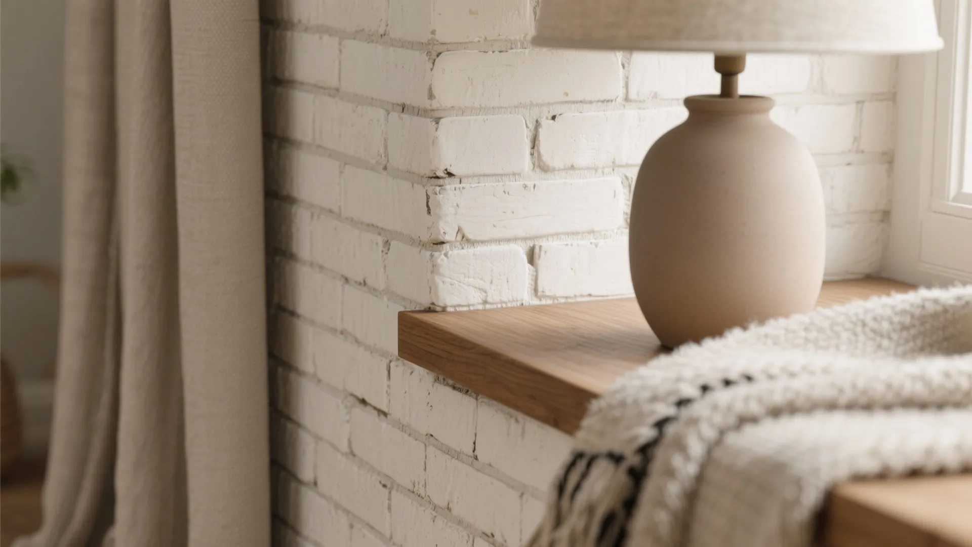 Warm Woods and Textiles Against White Brick