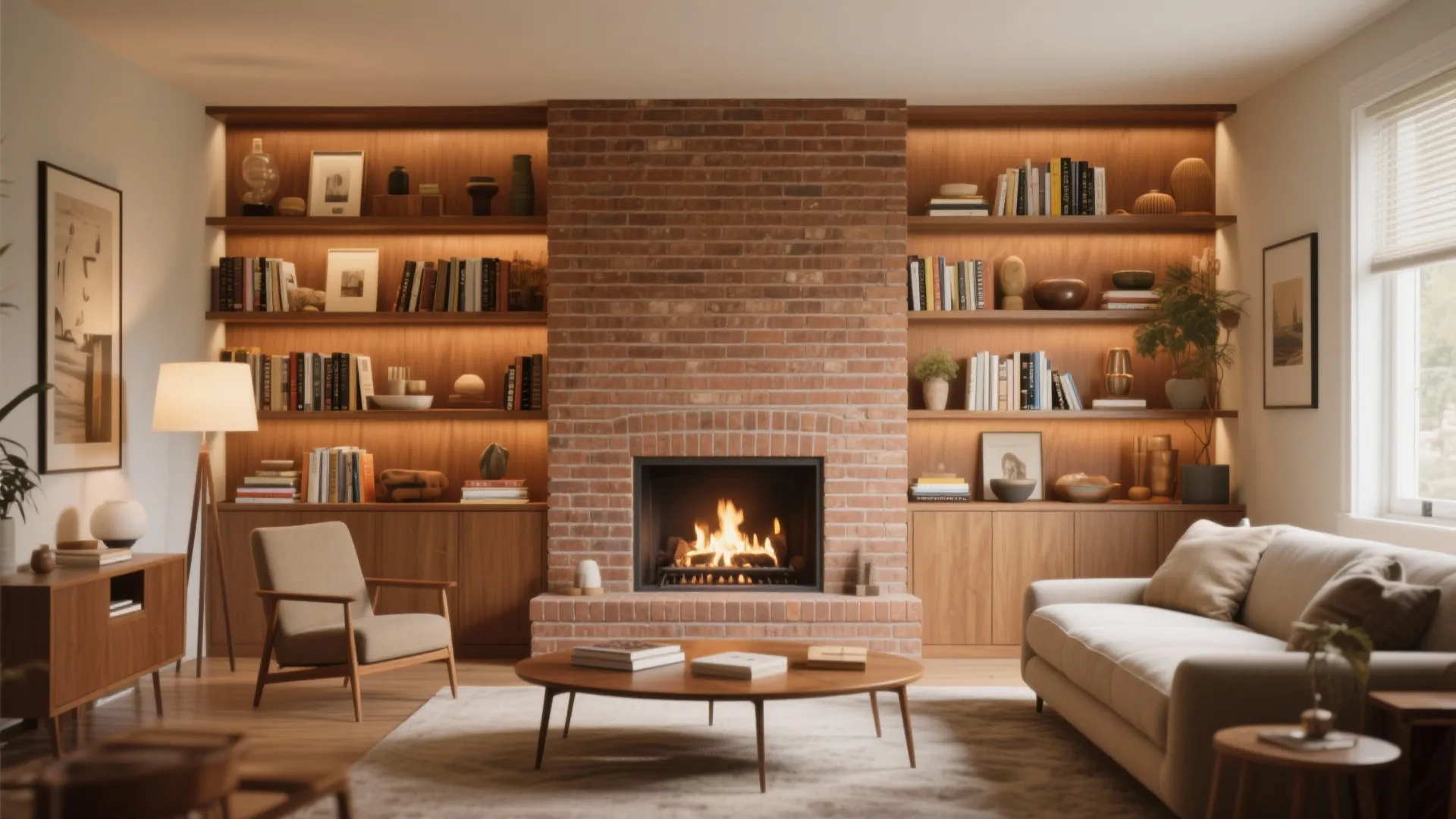 7. Mixing Brick with Built-In Shelving