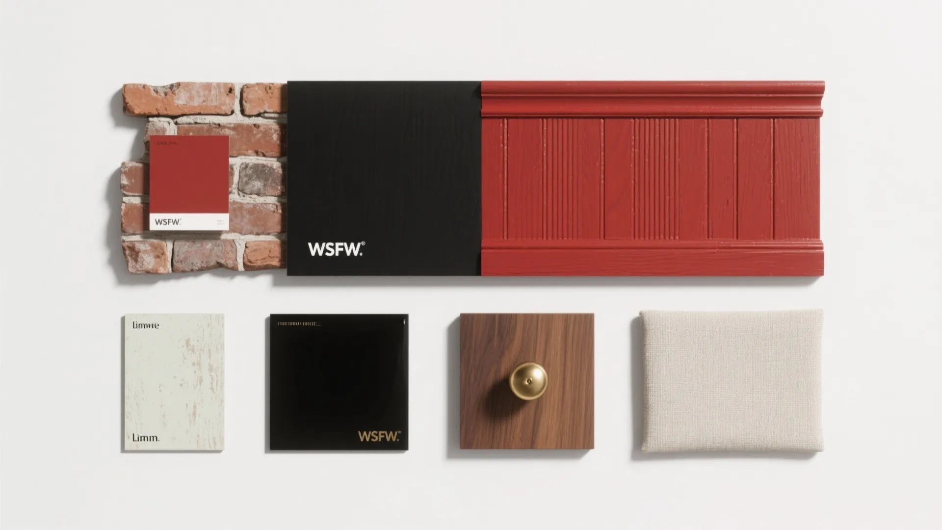 Material mood board featuring brick red wall panel black tile wood sample and white fabric texture