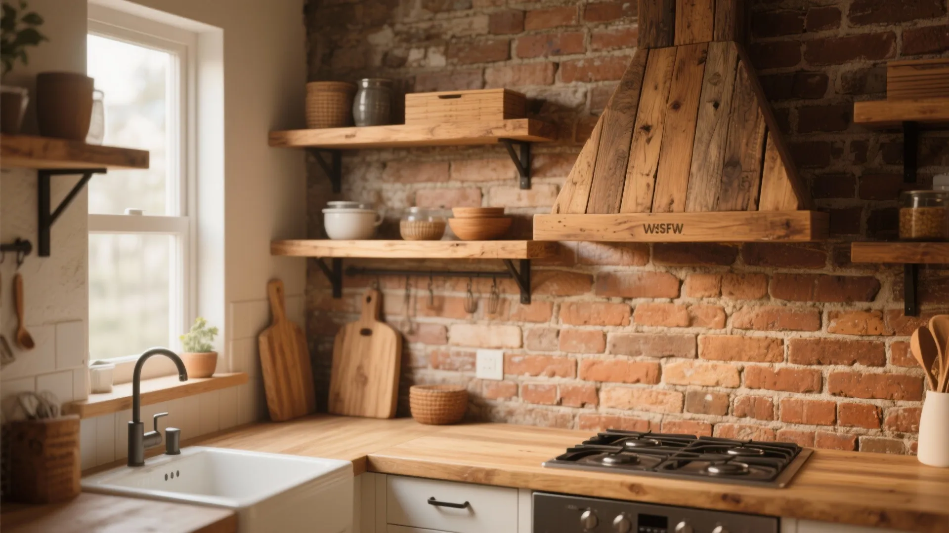 Rustic kitchen with red brick wall wooden shelves white sink gas stove and wood range hood