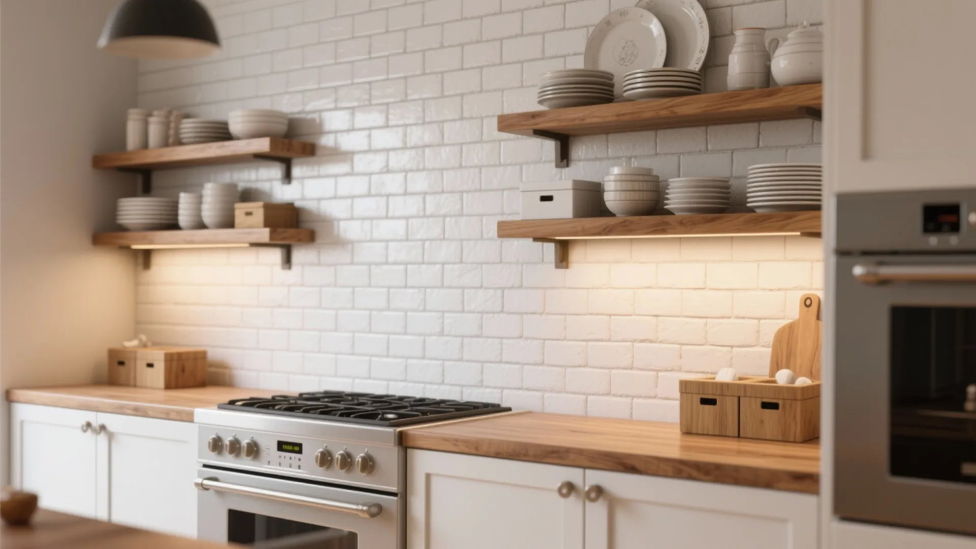 White brick kitchen wall with wooden shelves holding plates and bowls above a gas stove