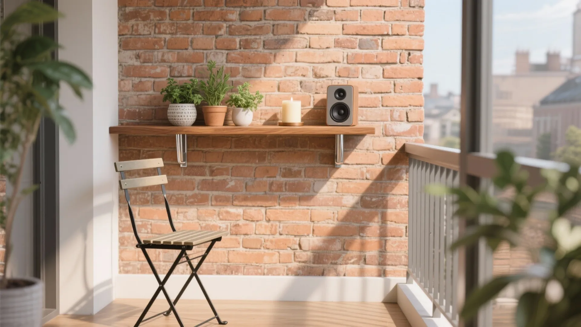 Small balcony with a wooden shelf, potted plants, a small speaker, and one folding chair