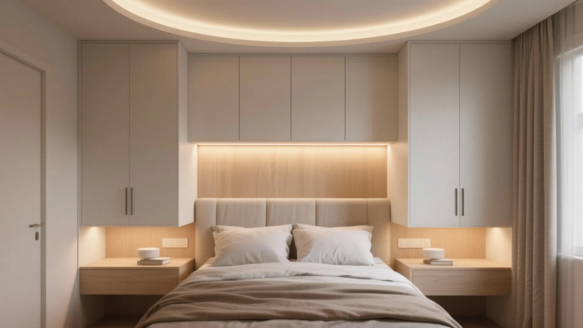 4) Bridge the Bed: Overhead Cabinets and Niche Nightstands