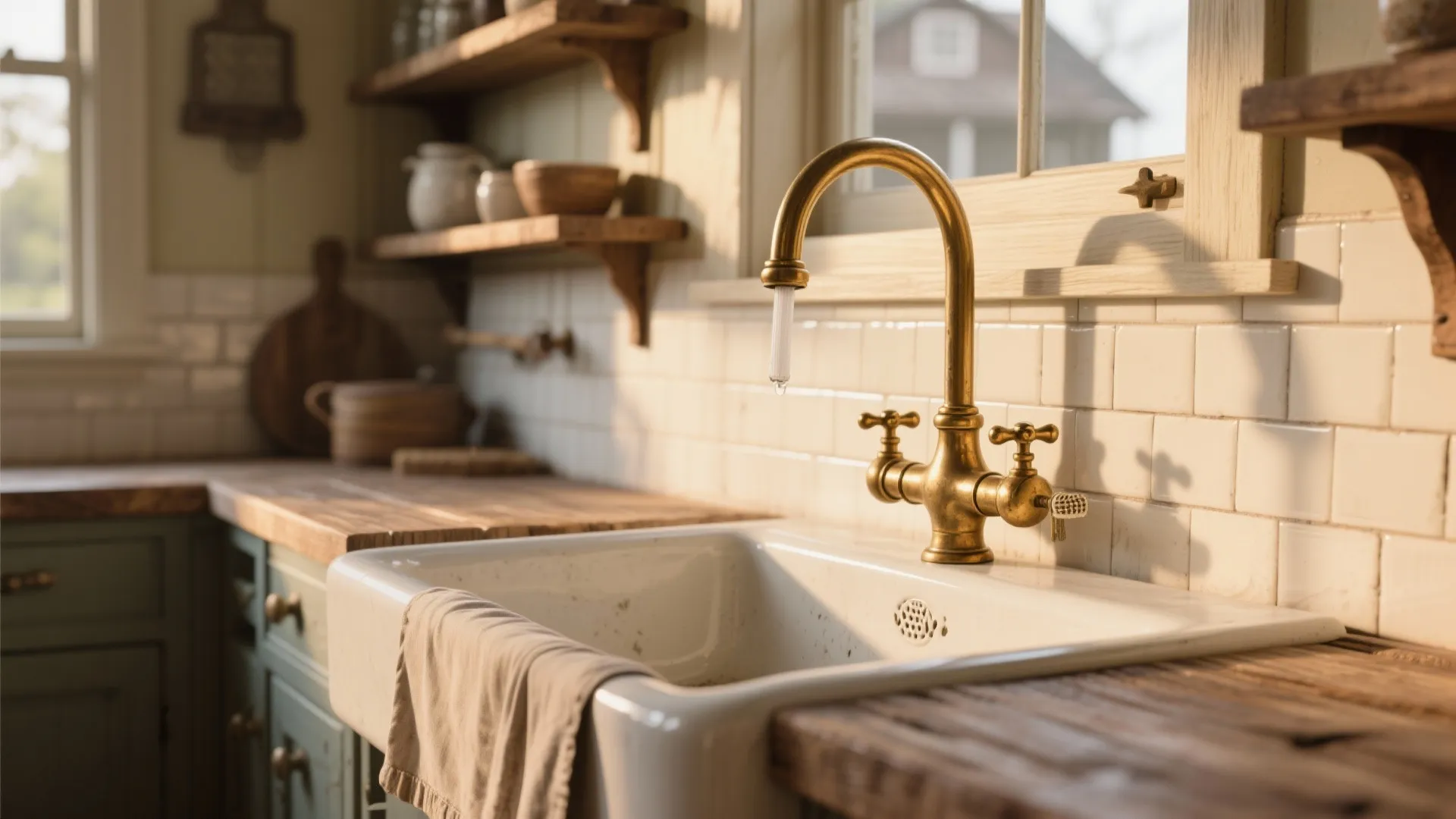 Farmhouse kitchen with a brass bridge-style 3-way faucet above a reclaimed apron sink and warm wooden accents.