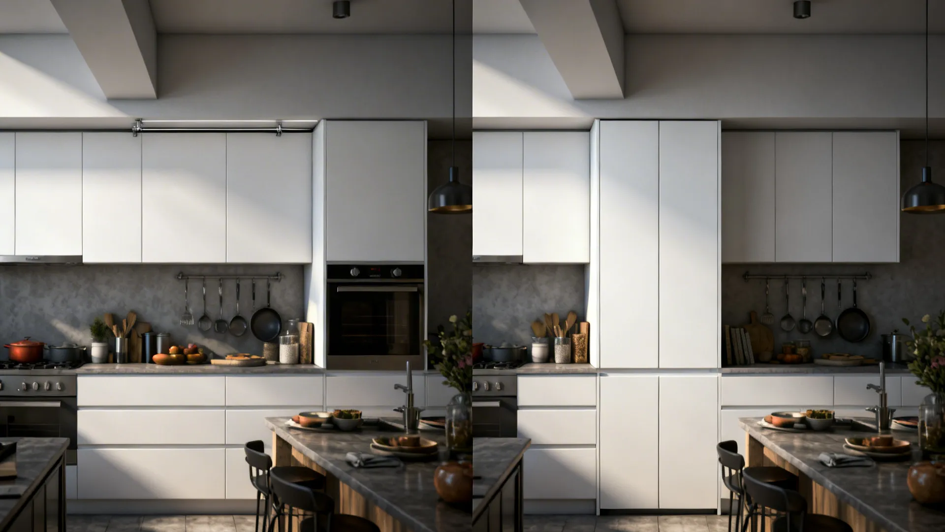 Split view showing a gap above cabinets transformed with a matching bridge cabinet for full-height storage.