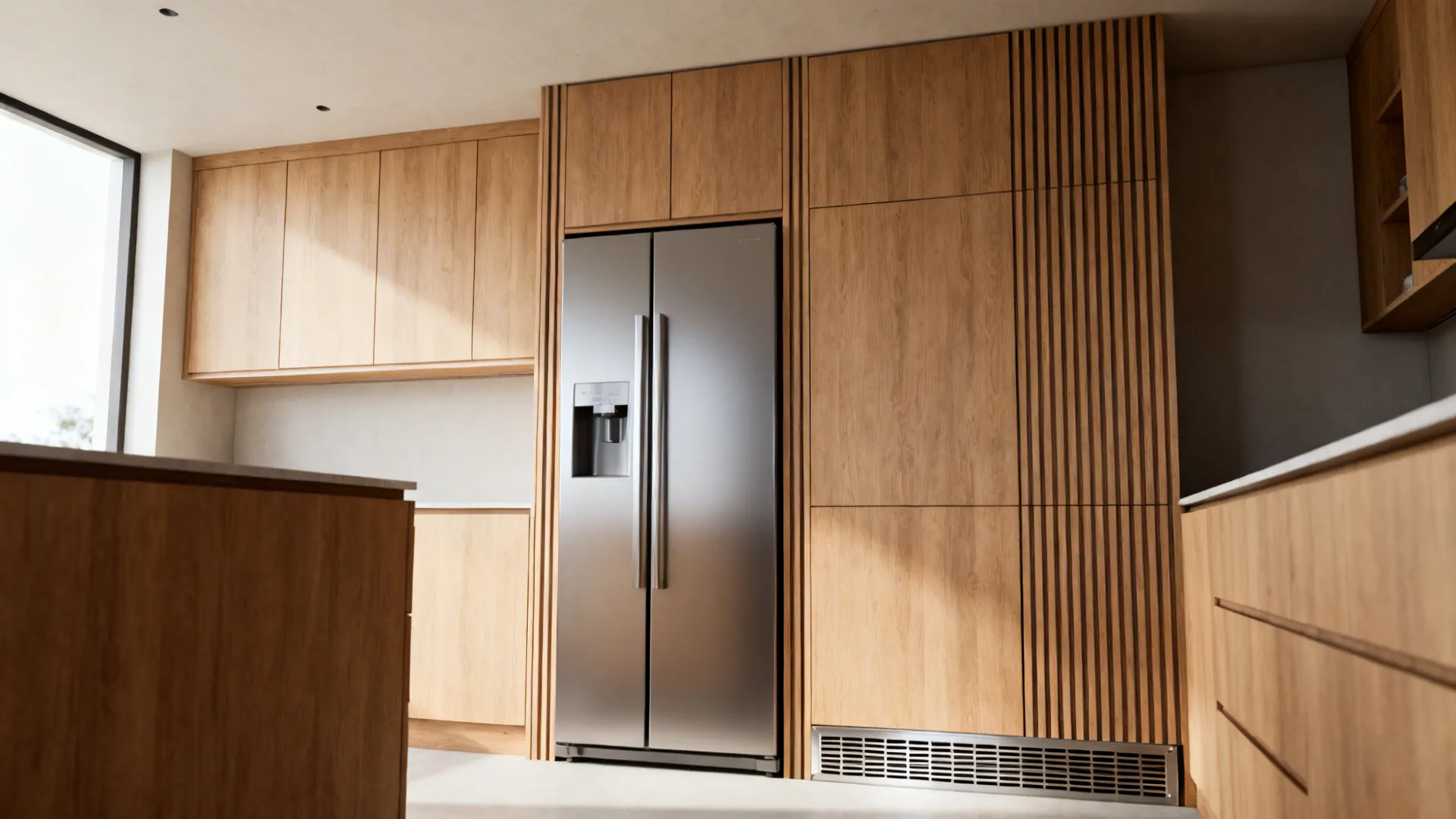 Stainless steel refrigerator integrated into light wood kitchen cabinets with modern slatted wood wall panels