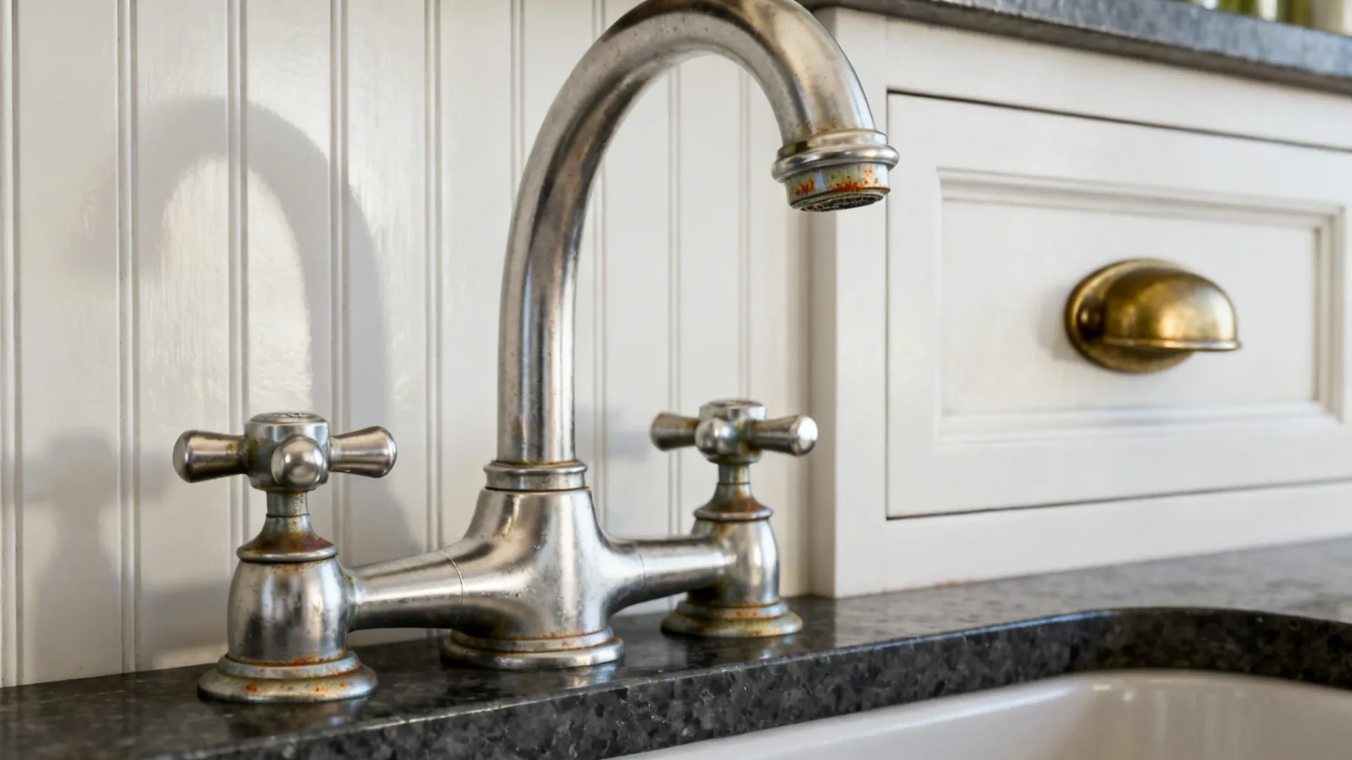 Macro of polished nickel bridge faucet with brass cup pull on nearby shaker drawer.