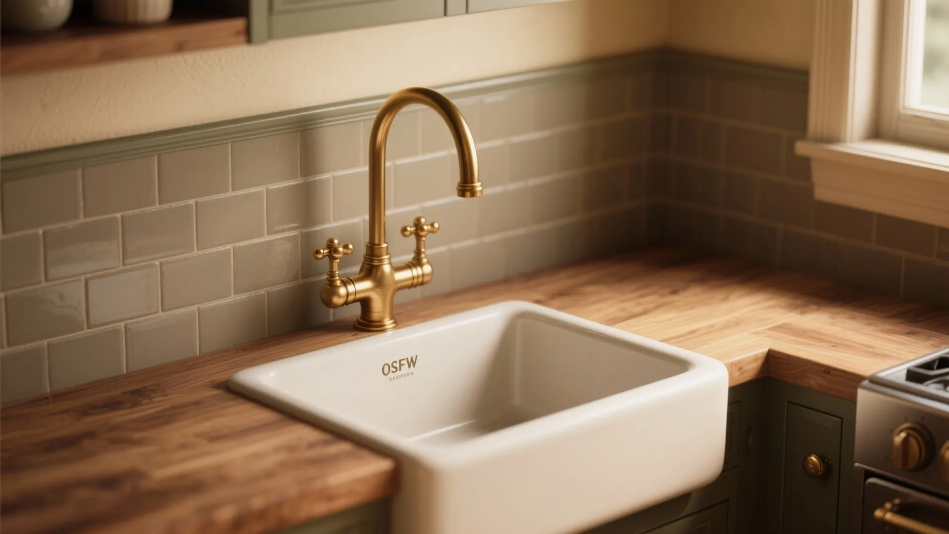 Vintage gold water tap on white kitchen sink with wood countertop and green wall tiles