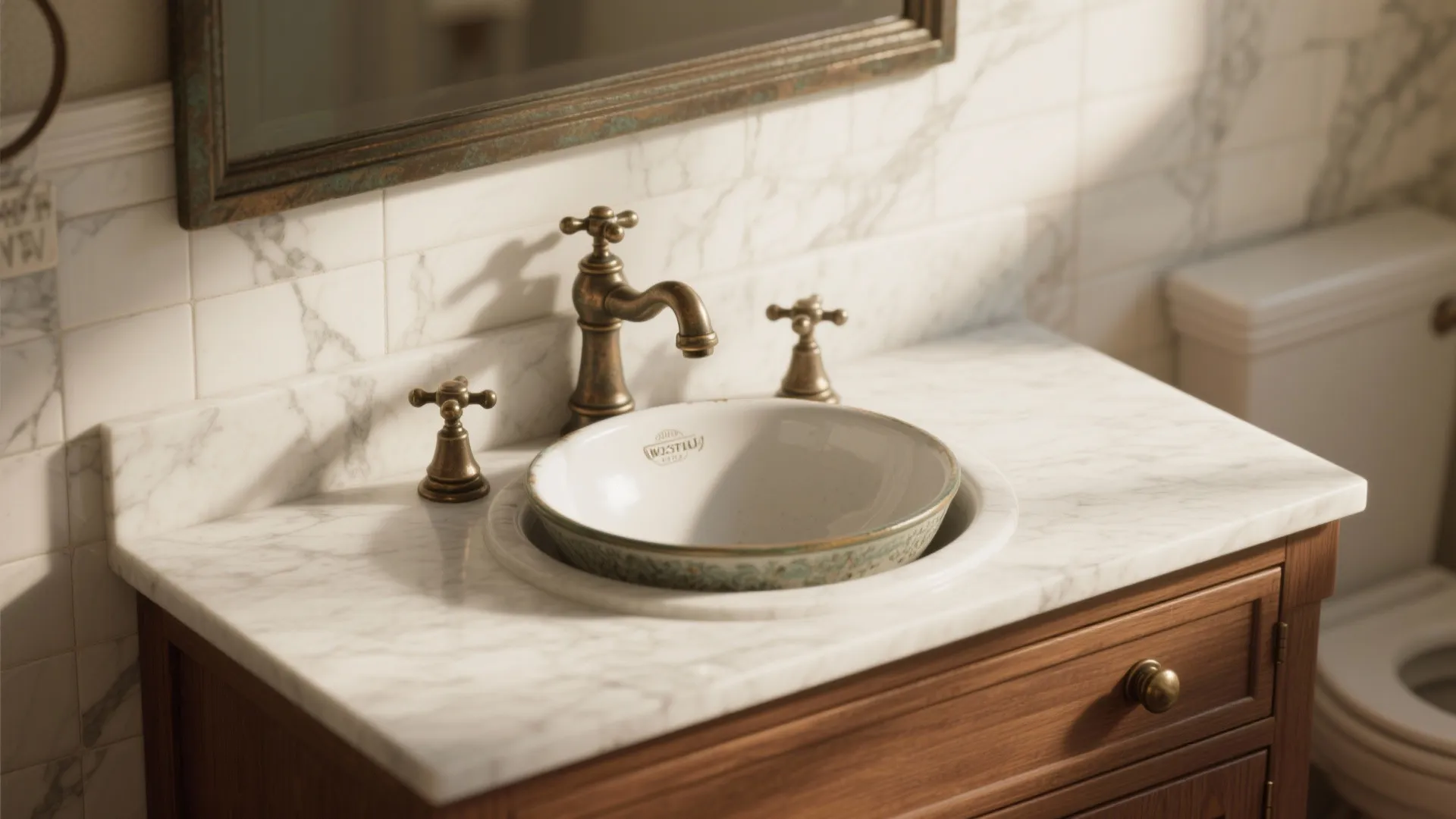 Vintage bathroom design with brass faucet round white sink marble countertop wooden cabinet and wall mirror