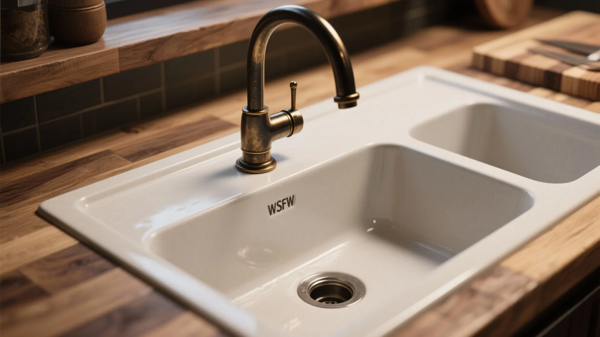 Close up of antique gold kitchen faucet on a white double sink with wood countertop