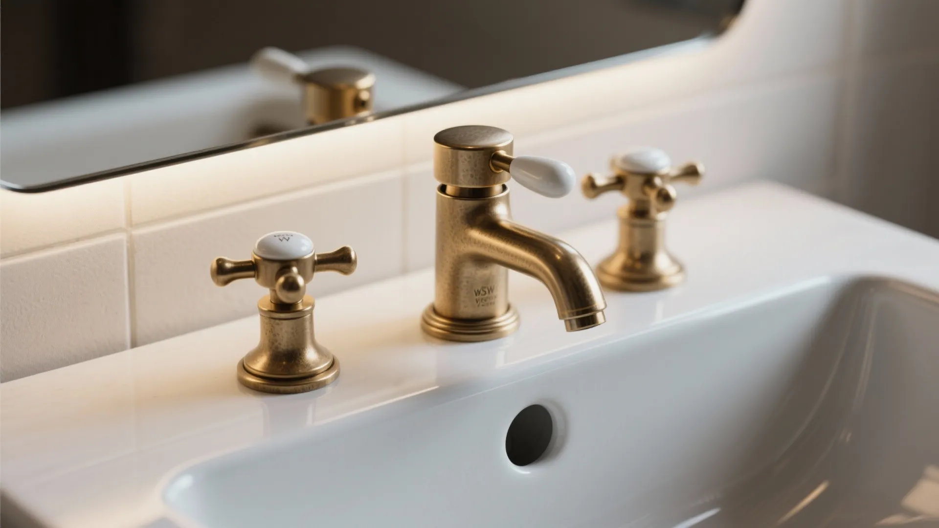 Close up view of a brass water faucet with two handles on a white sink