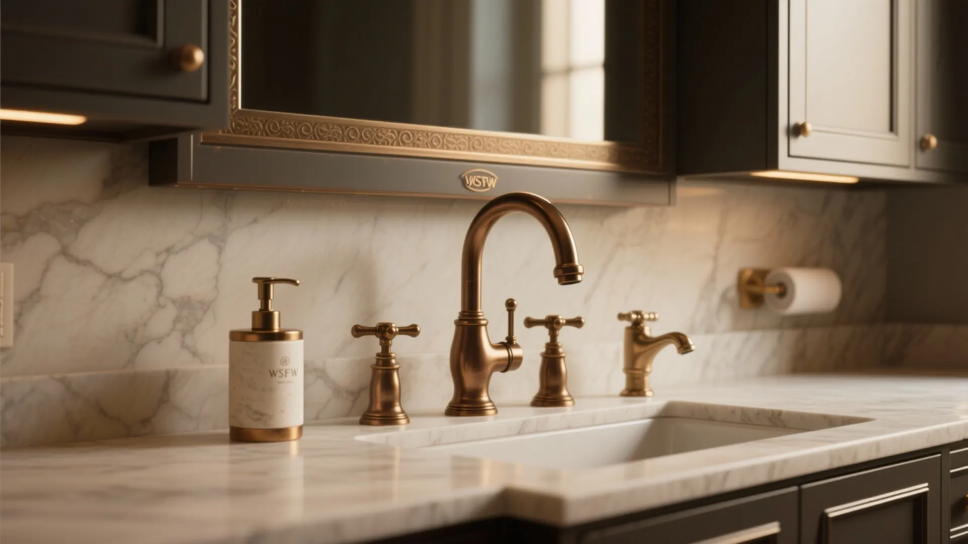 Classic bathroom sink with gold water tap and soap dispenser on elegant white marble countertop