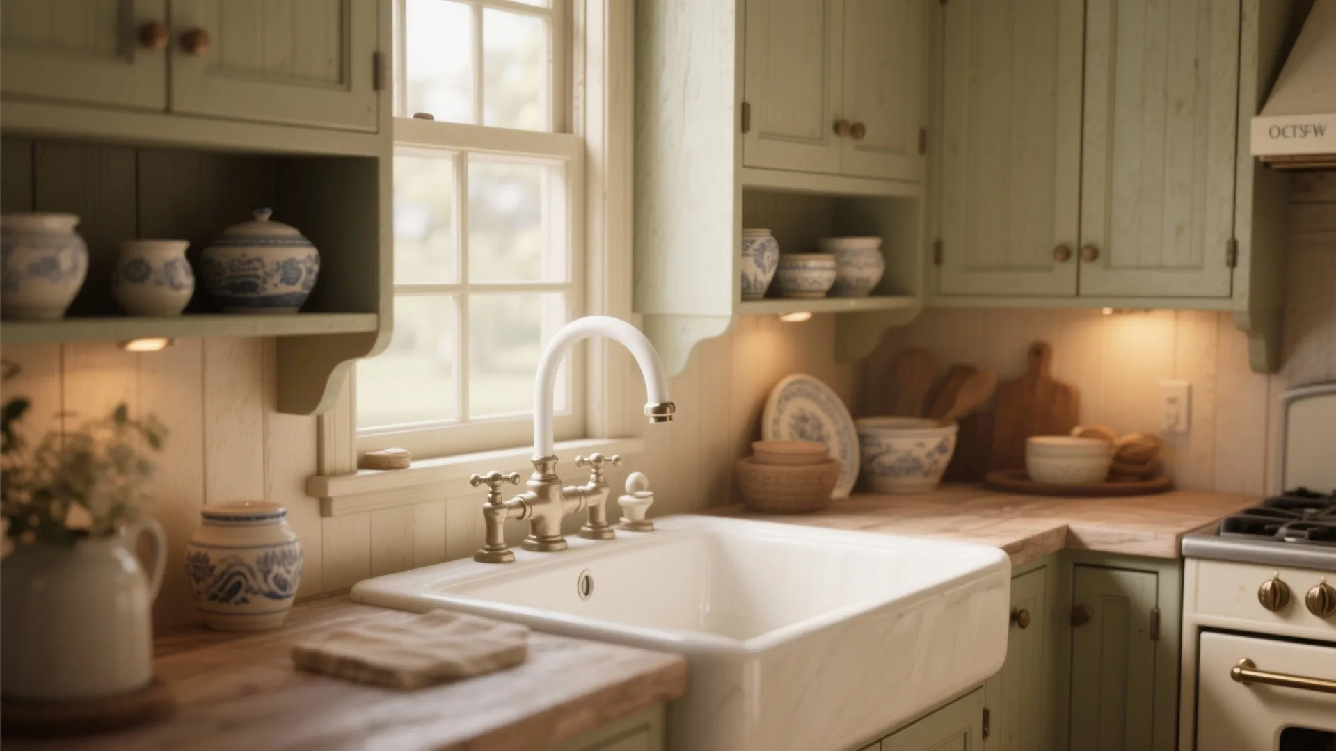 2. White bridge-style faucet for vintage charm