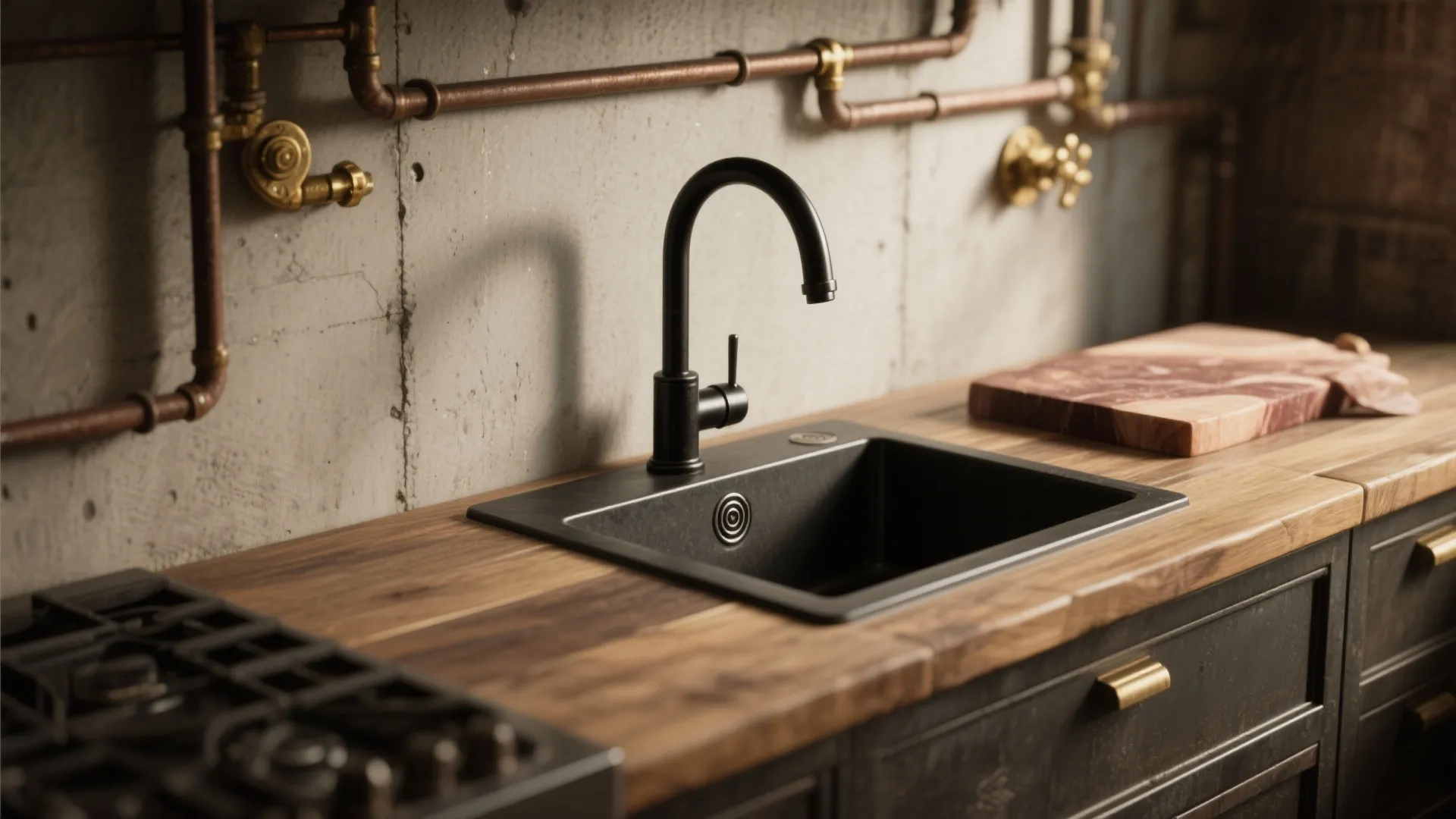 Industrial kitchen showing black faucet and sink on wood countertop with copper pipes on concrete
