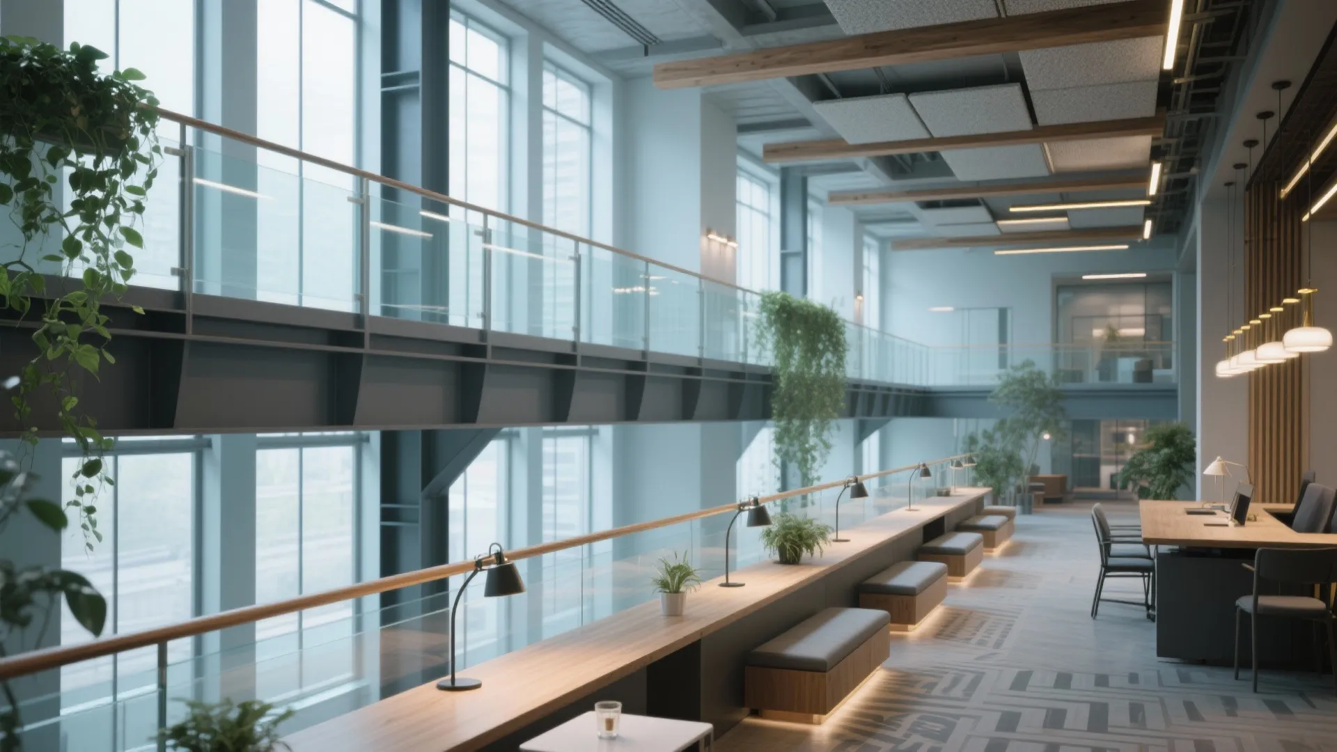 Modern open office space with bridge walkway large windows hanging plants and wooden long desk