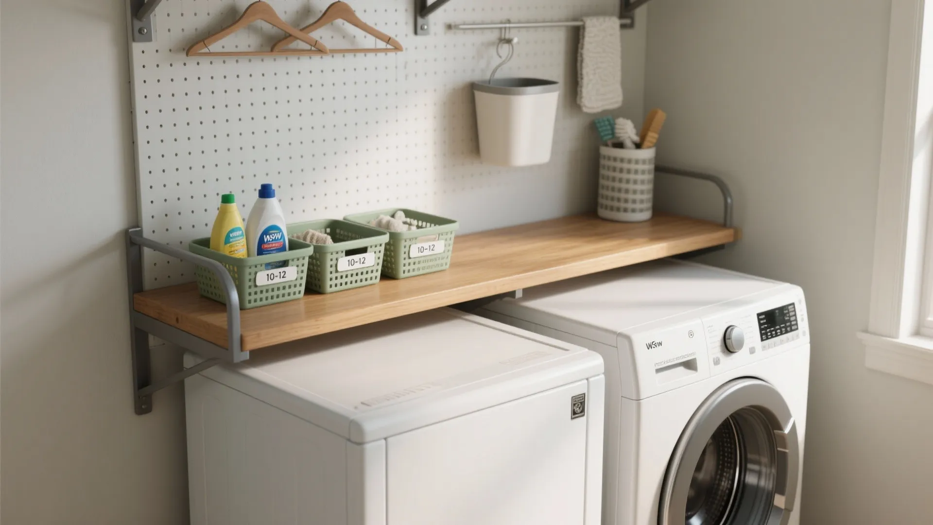 Wooden shelf over white washing machine with green baskets detergent bottles and white wall peg board