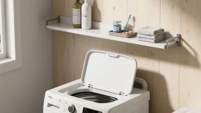 Compact Laundry Room with Wood Paneling & Smart Storage