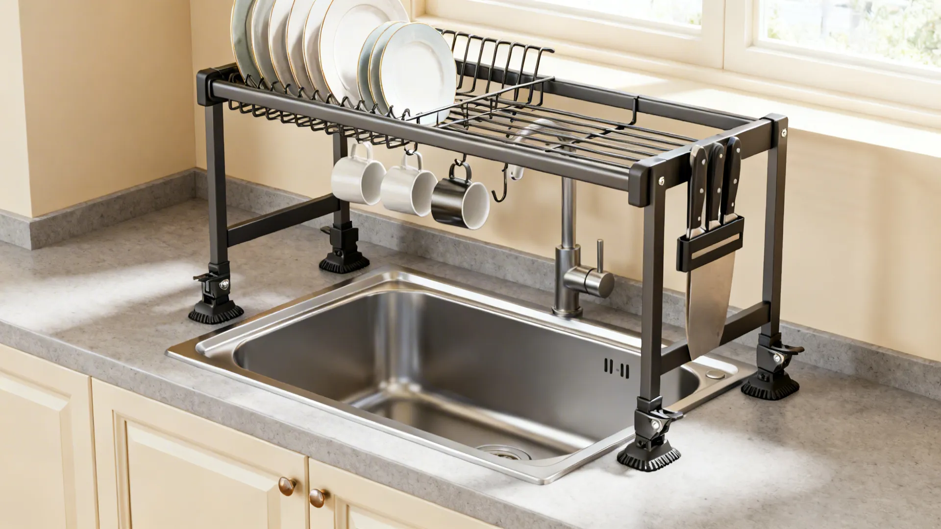 Clamp-style adjustable bridge shelf over a sink with drainer and hooks.