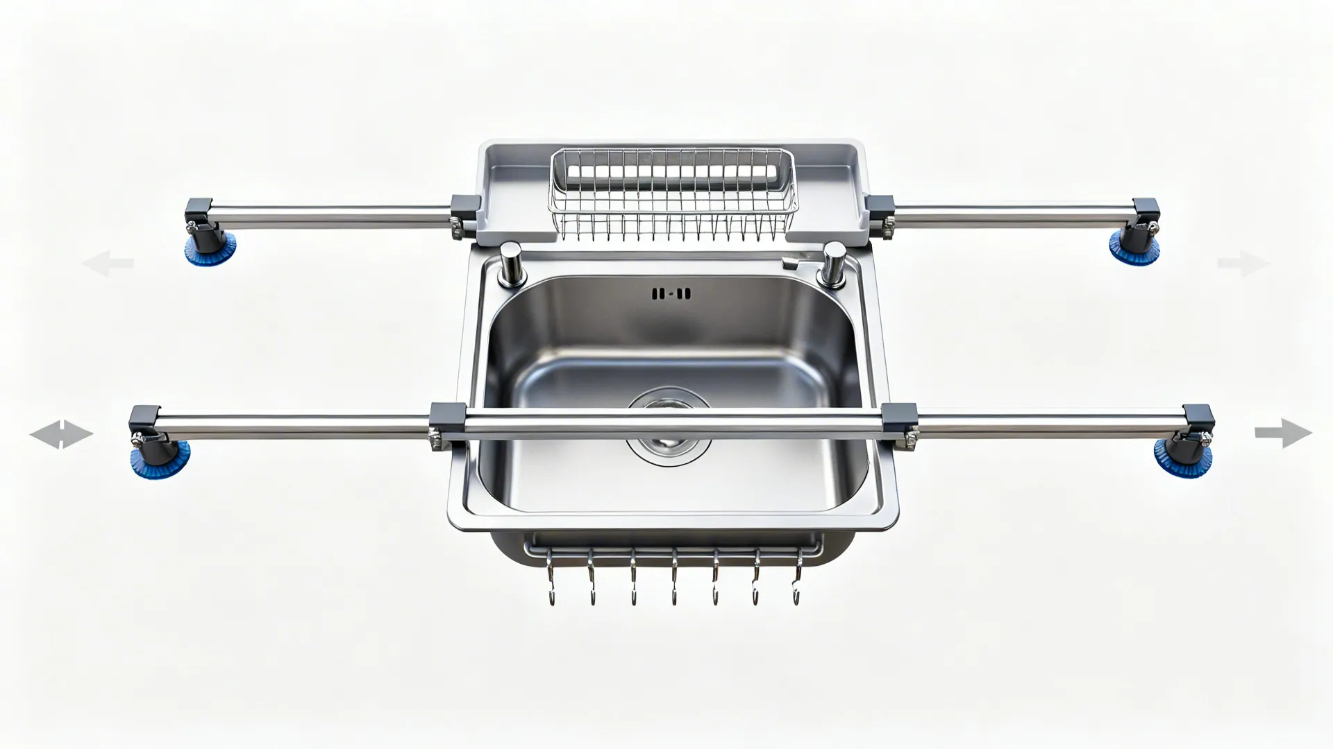 Top-down view showing how an adjustable bridge shelf spans a sink with clamp feet.