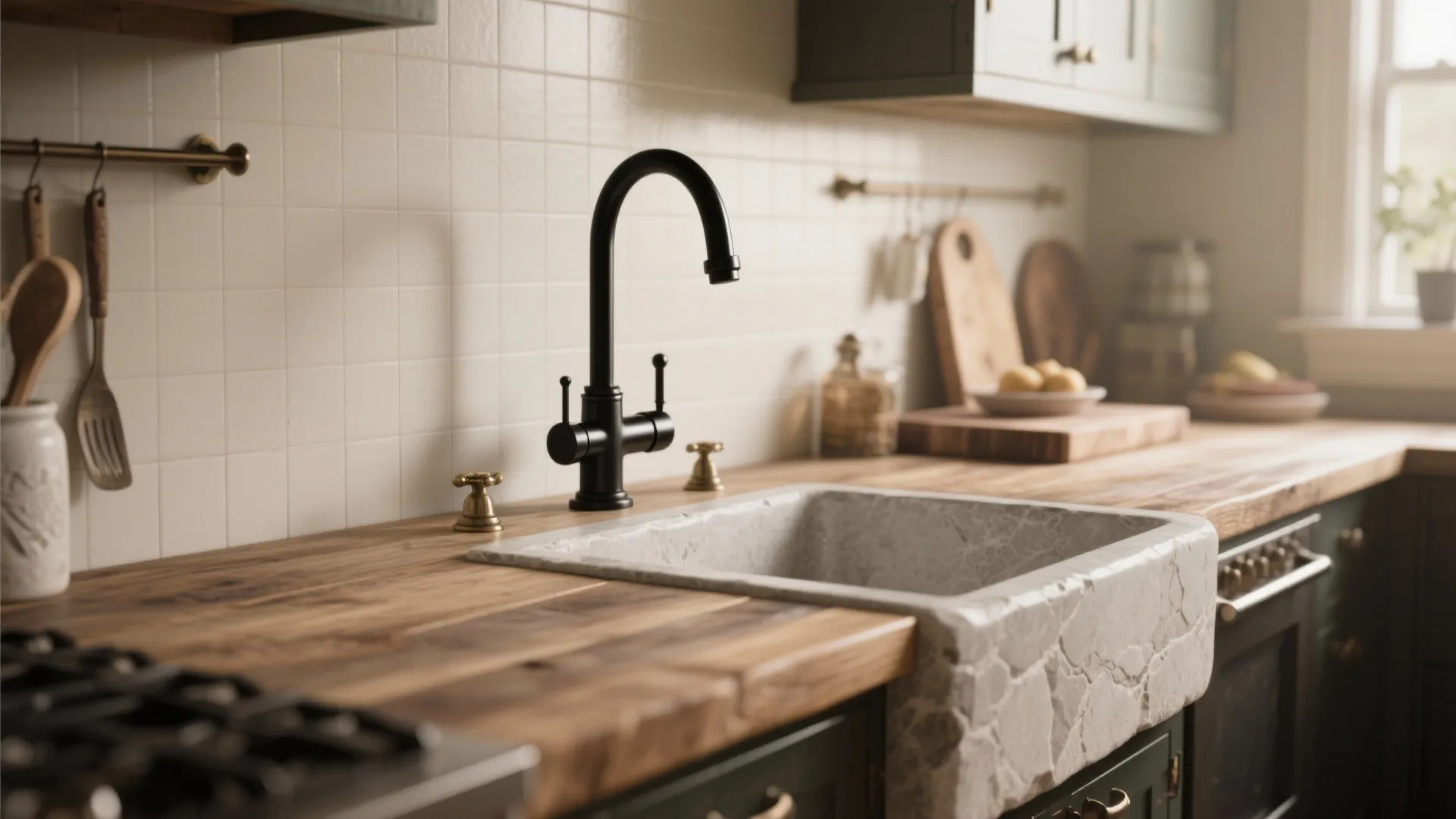 Vintage kitchen with black sink tap, wooden countertop, stone sink, white wall tiles, and cabinets